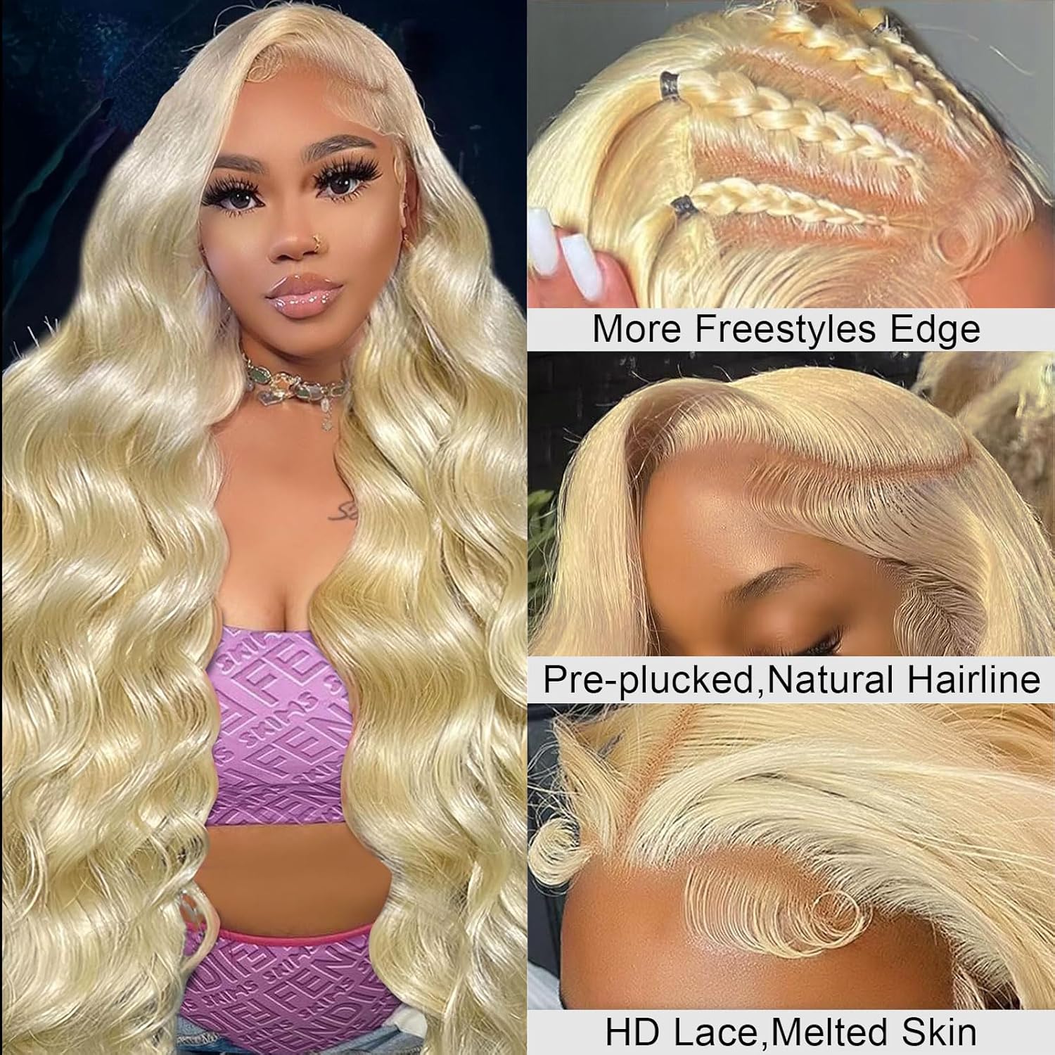 Detalle de Ruaswey 26 Inch 613 13x6 Lace Front Wig – 200 Density Body Wave, 613 Blonde Human Hair, Pre Plucked Hairline