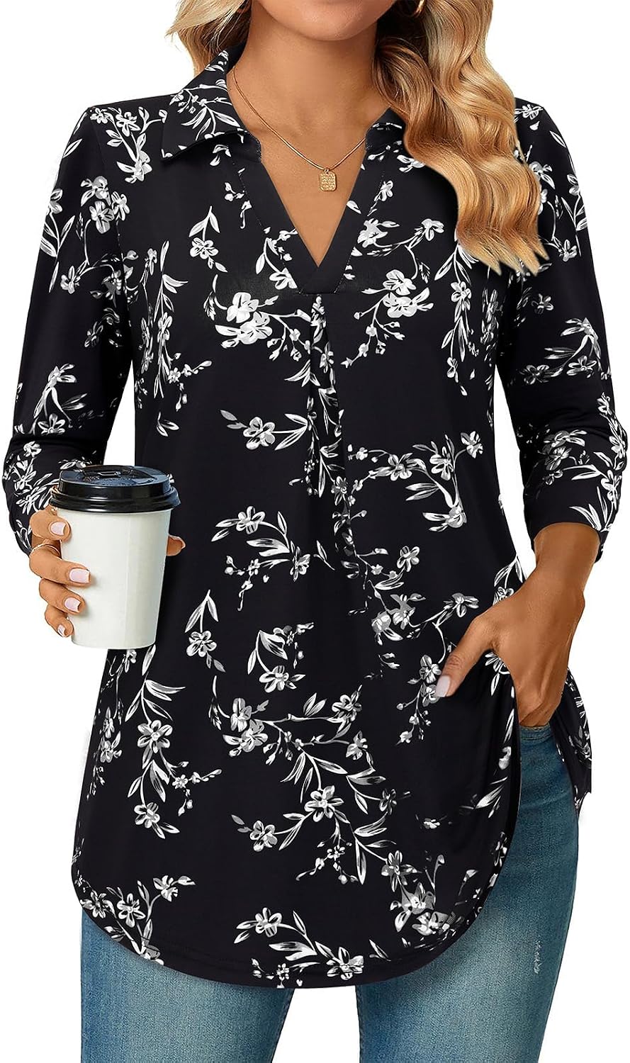 Detalle de Siddhe Damen V-Ausschnitt Bluse 3/4 Ärmel