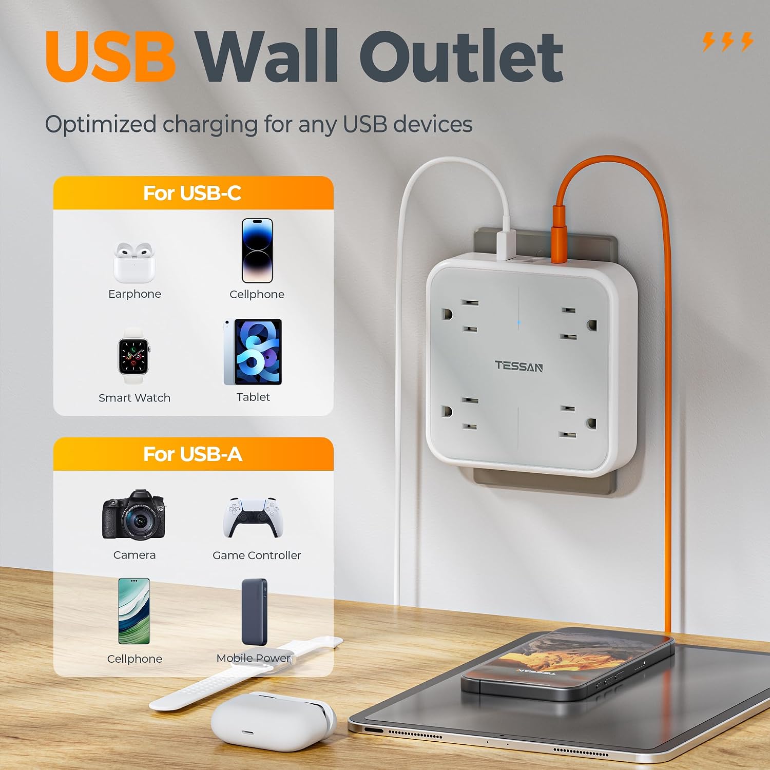 Detalle de TESSAN TS-WM102-C Wall Outlet Extender, 4 AC Outlets, USB-C and USB-A, Surge Protection
