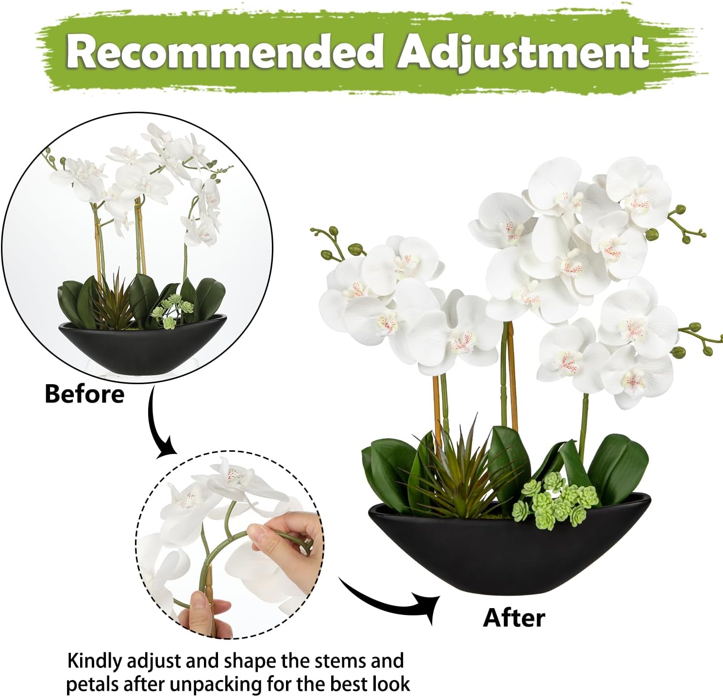 Detalle de Oairse 18" white artificial orchid arrangement in black ceramic pot
