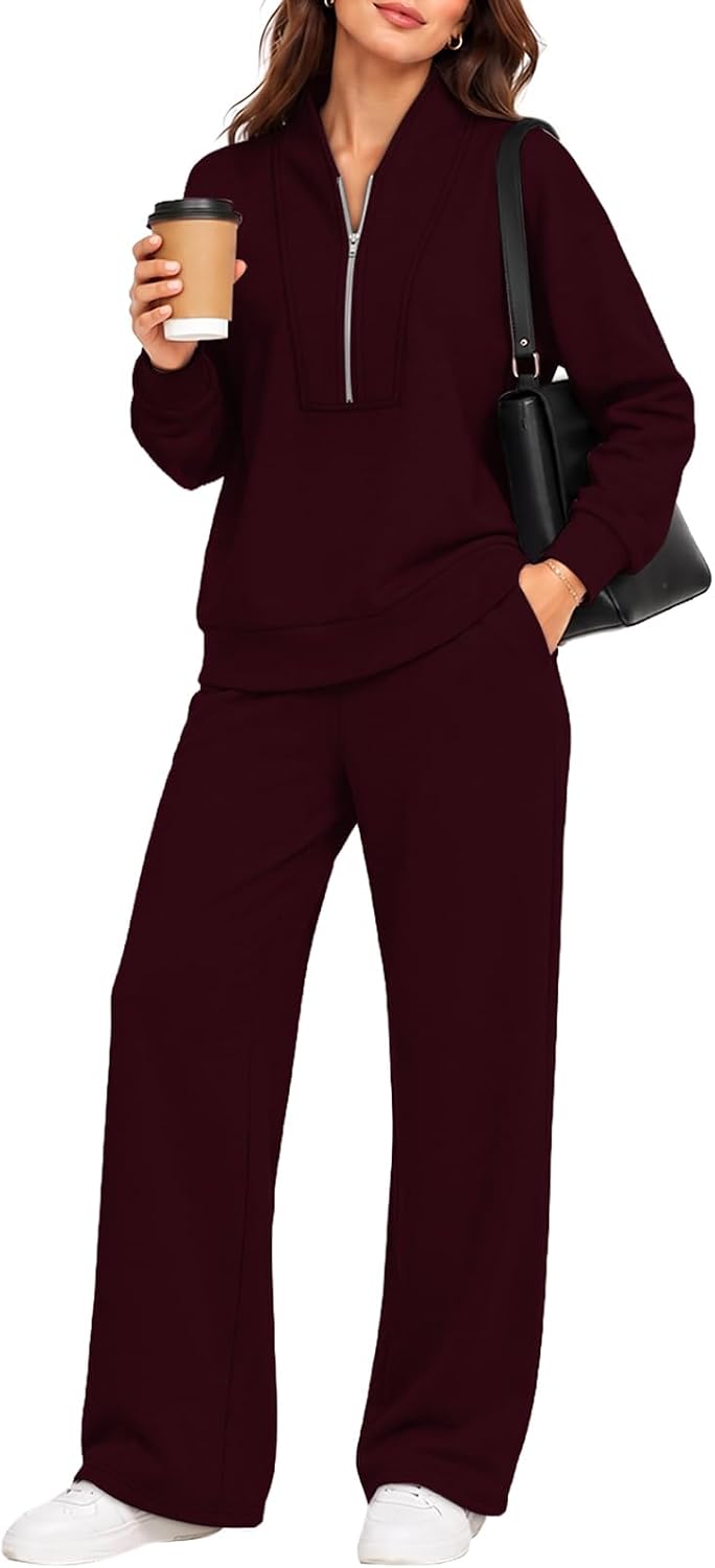 Detalle de WIHOLL Women's Two-Piece Tracksuit Set with Half-Zip Top and Wide-Leg Pants
