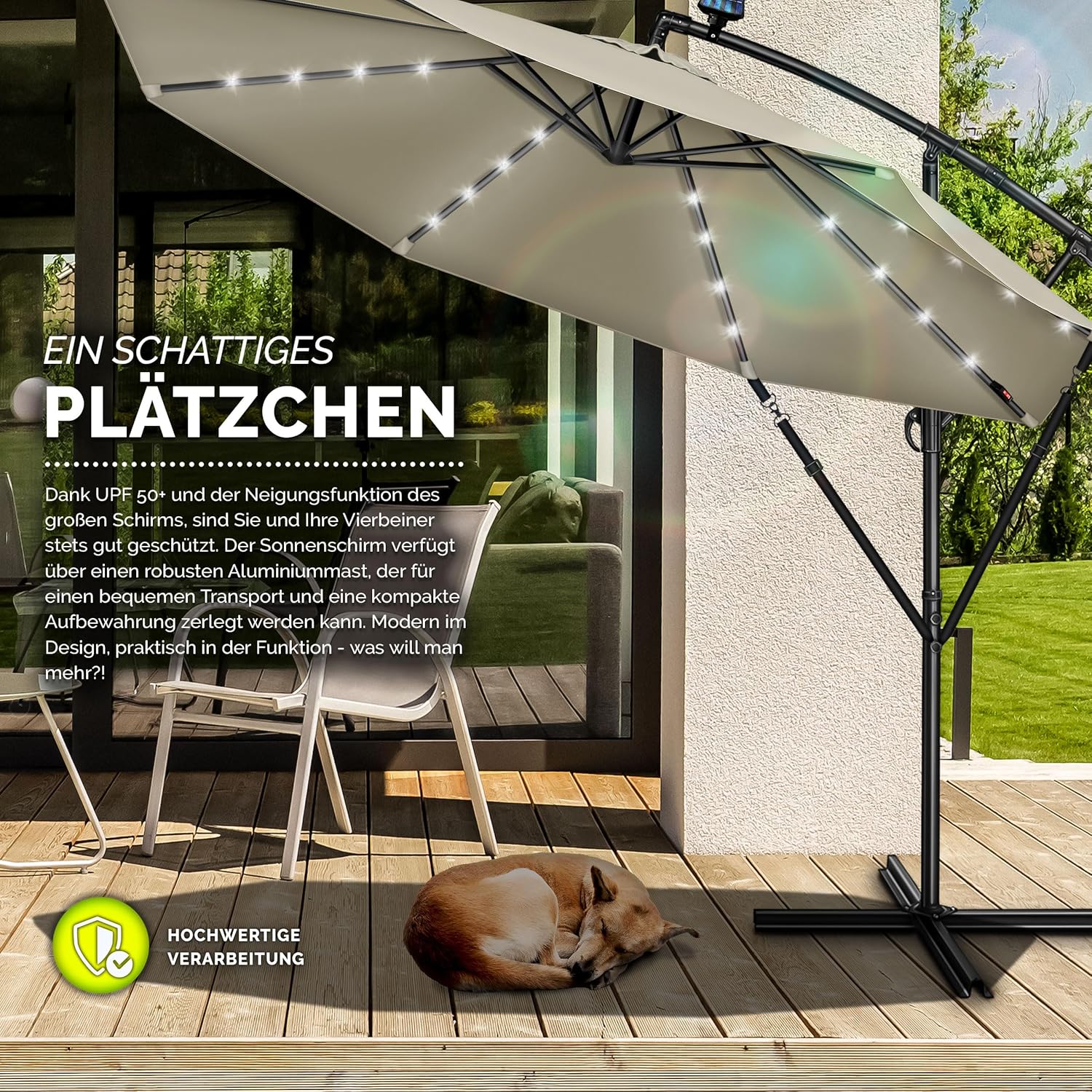 Thumbnail 6 de tillvex Parasol déporté LED solaire hexagonal 3 m avec manivelle (UPF 50+, aluminium)