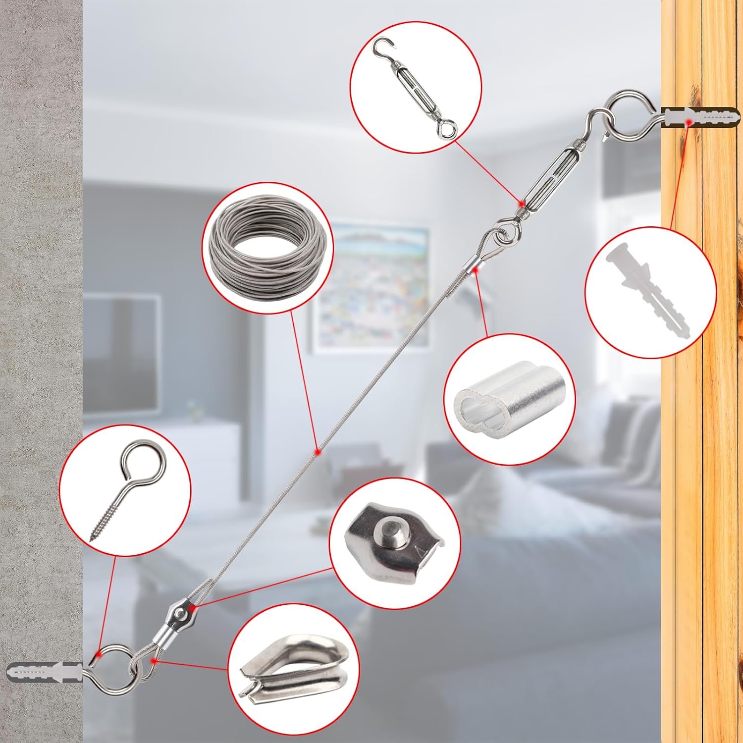 Detalle de AMZSKU 64-delars vajerkit med 35 m 3 mm rostfri stålvajer