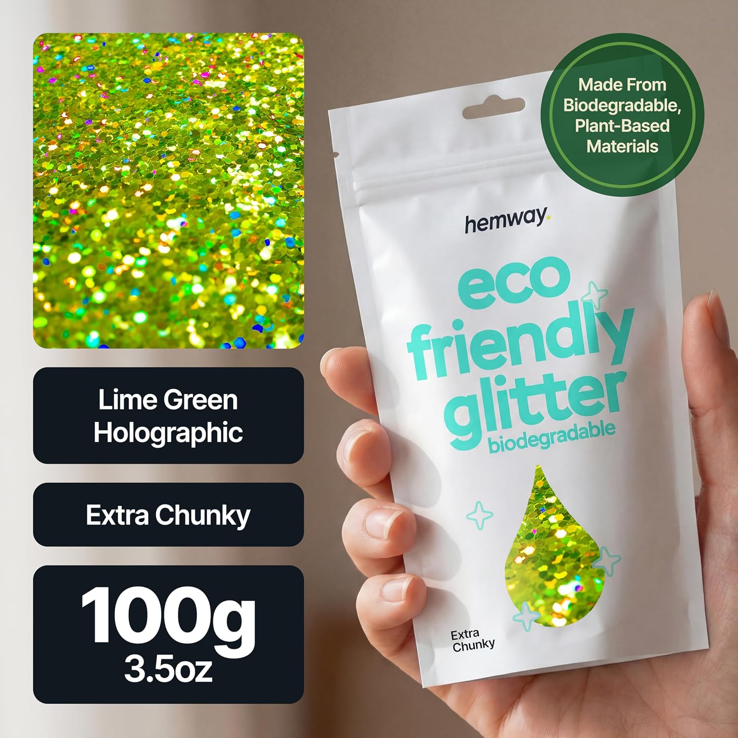 Thumbnail 1 de Lime Green holographic biodegradable glitter 100g