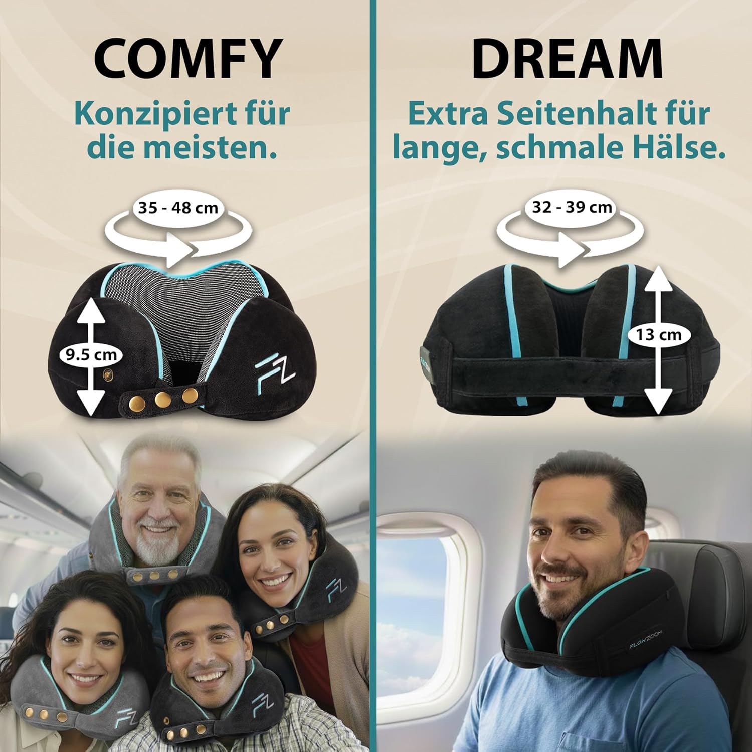 Thumbnail 5 de FLOWZOOM Comfy Nackenkissen für Flugzeug & Auto – einstellbares Memoryschaum Nackenhörnchen mit Druckknöpfen, waschbarer Bezug
