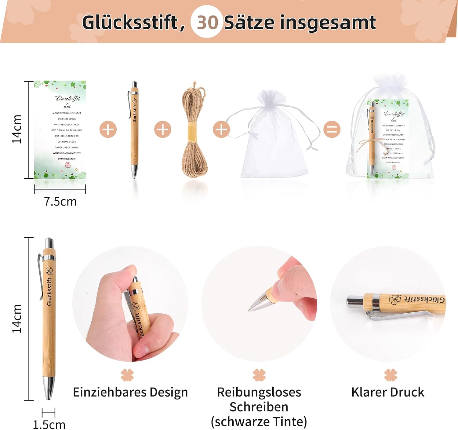 Detalle 2 de GADITIEK 30 Sets Glücksstift Abschiedsgeschenk für Kollegen, Dankeschön & Hochzeit – mit Organza-Beutel und Karten