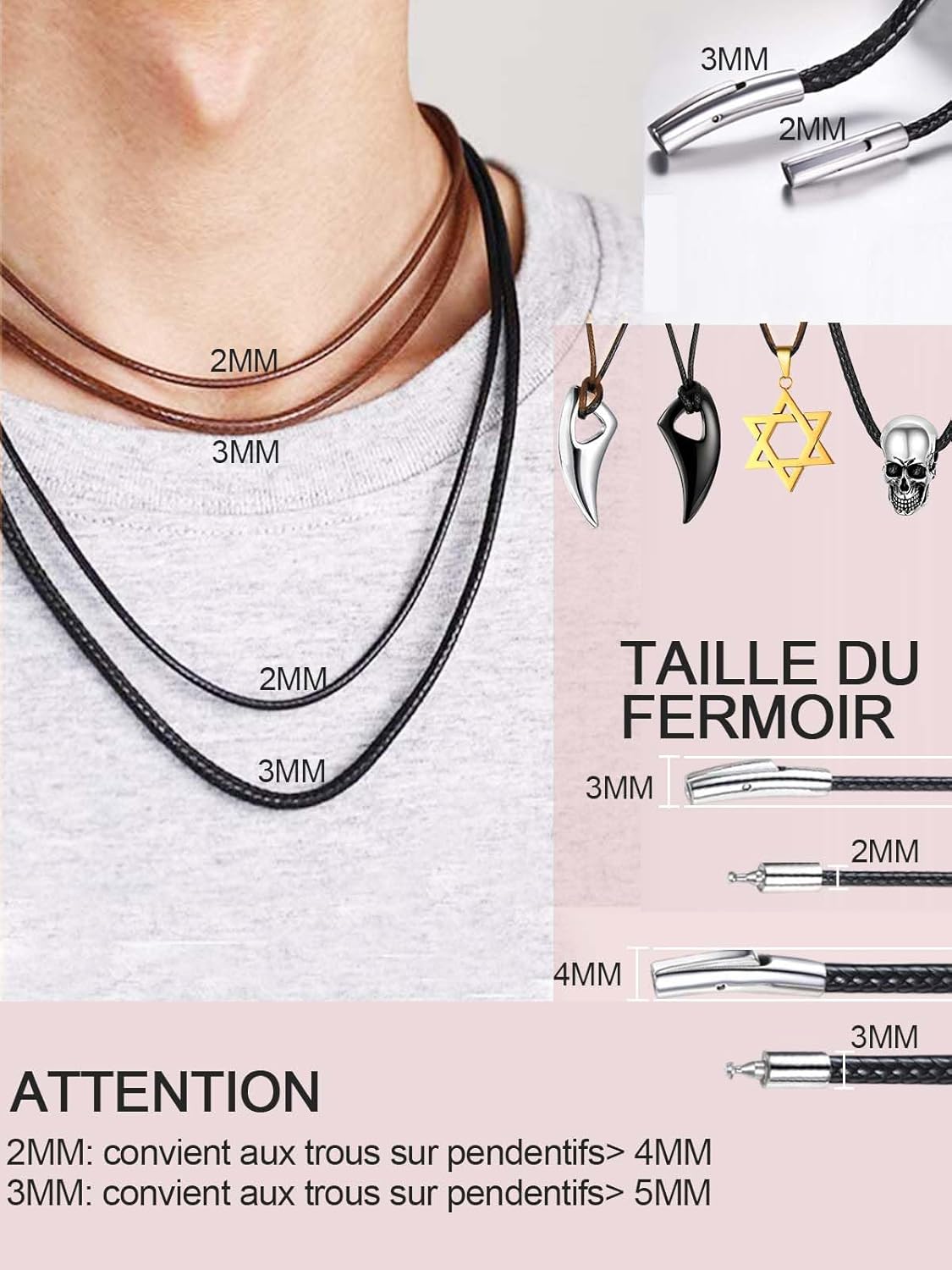 Thumbnail 6 de Collier Cordon Cuir ChainsHouse noir – cuir encerclé, fermoir acier inoxydable, longueur 40–75 cm