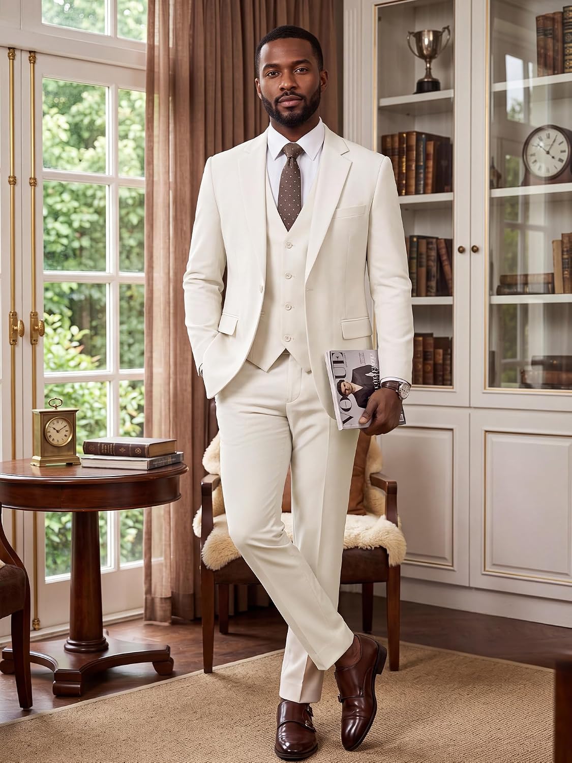 Detalle 1 de MAGE MALE Men's 3-Piece Slim-Fit Suit with One-Button Blazer, Vest and Pants