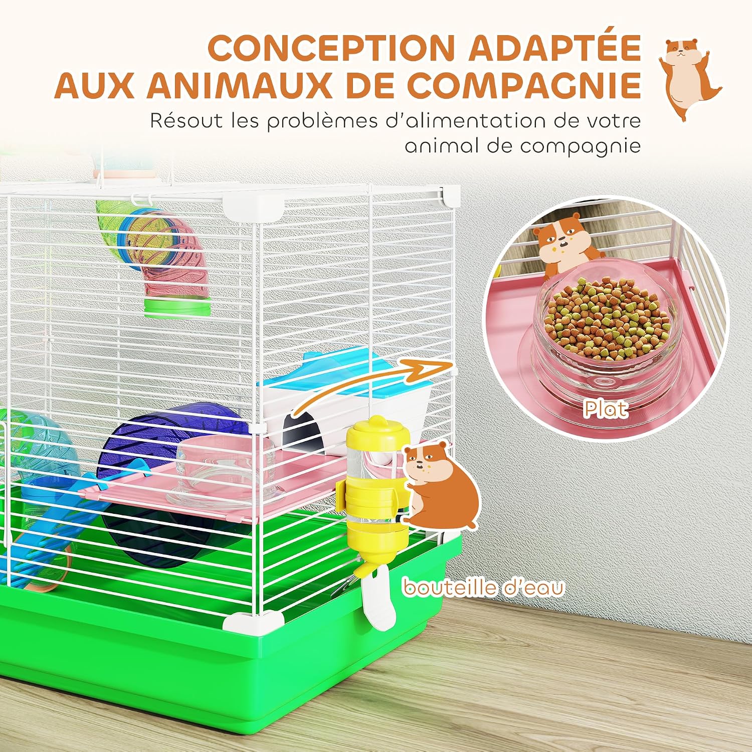Detalle de PawHut Cage à hamster rongeur 2 niveaux avec tunnel, roue et maisonnette (46 x 30 x 37 cm) – Vert
