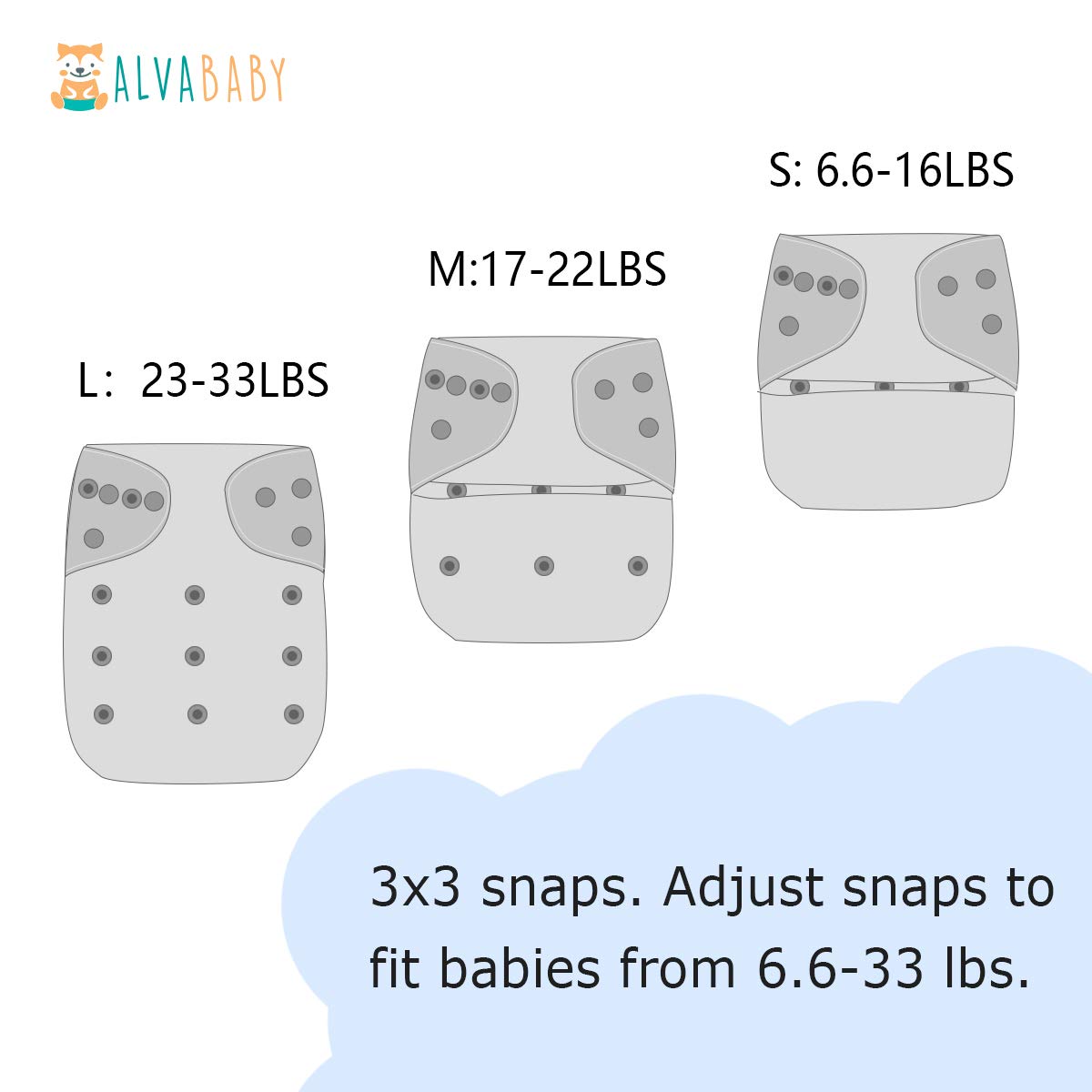 Detalle 2 de ALVABABY One-Size Cloth Diaper Set, 6 Diapers, 12 Inserts, Adjustable Fit