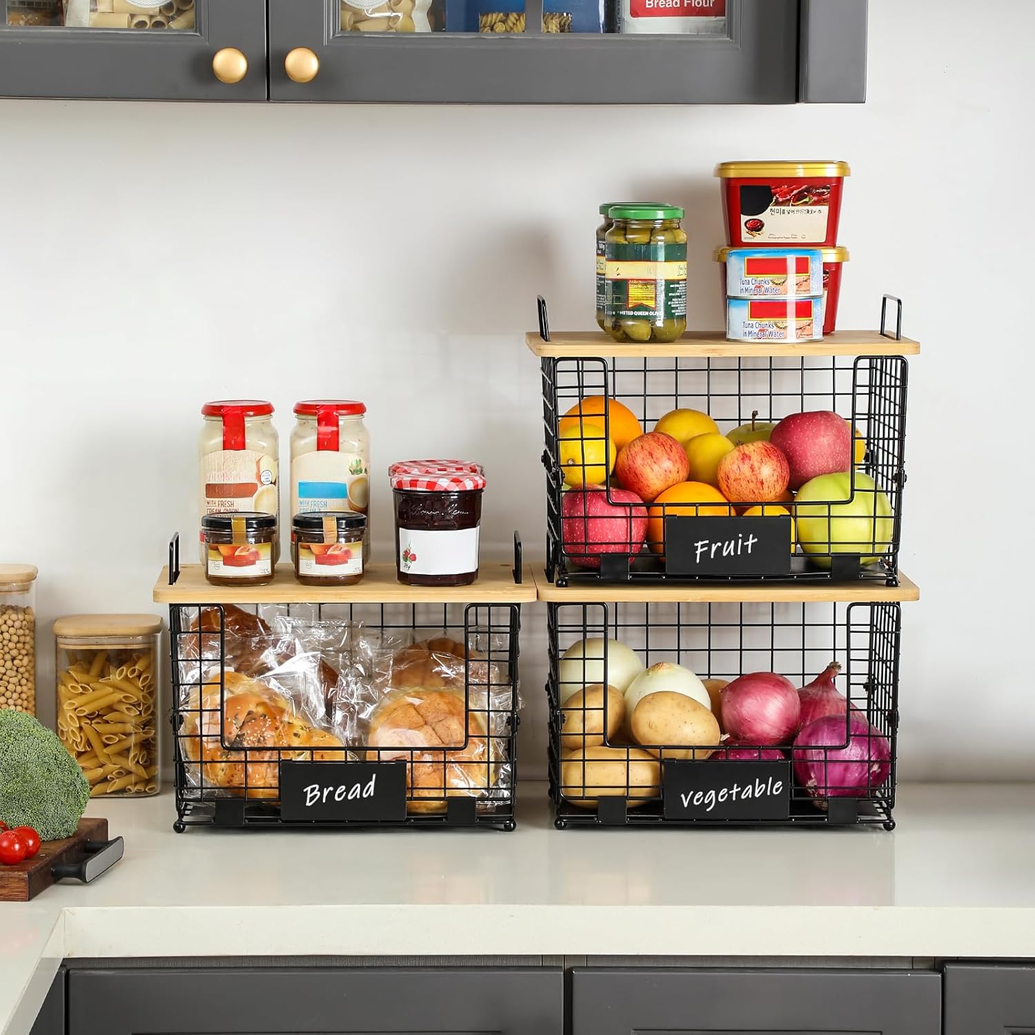 Detalle de 2 Set XL Stackable Wire Basket with Bamboo Tops & Tags – Pantry Organizer and Storage Bins