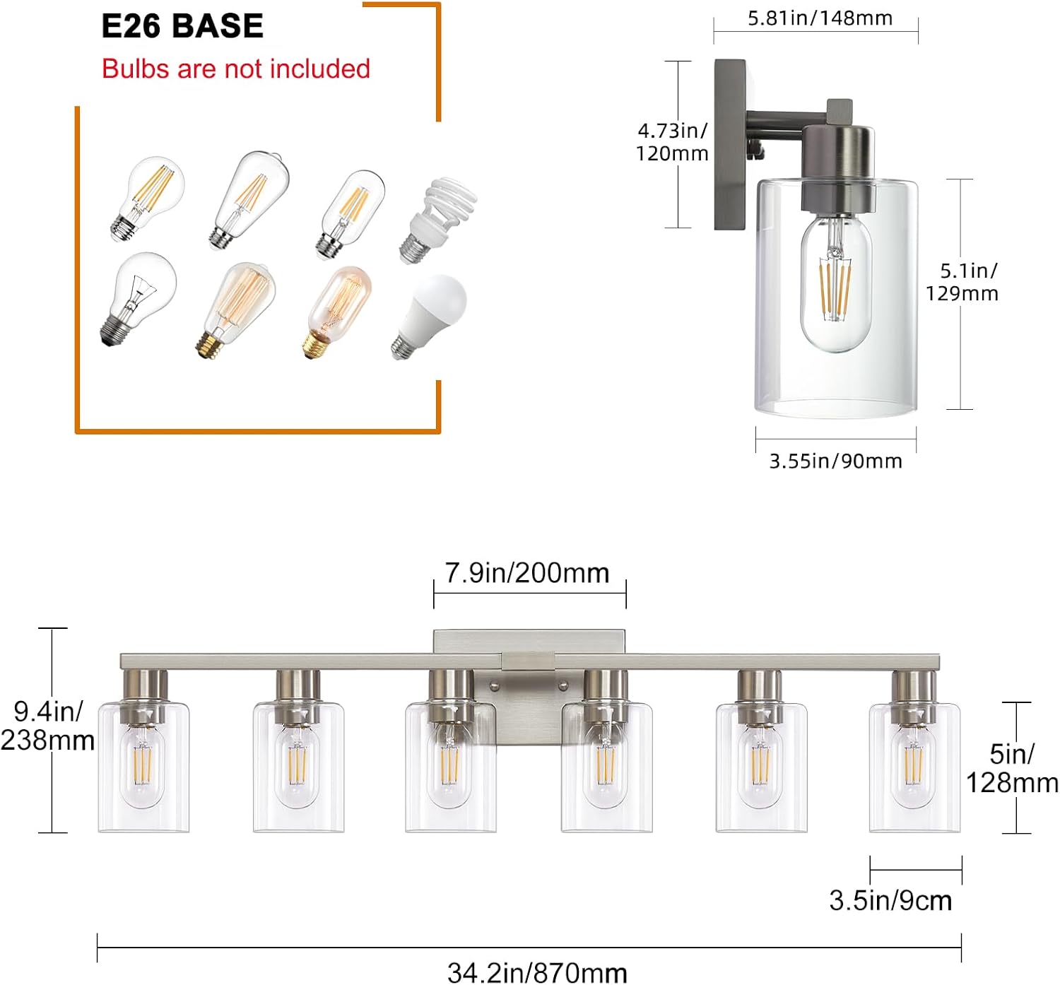 Detalle de DIDUIO B2138SB-6 6-Light Bathroom Vanity Light, Brushed Nickel