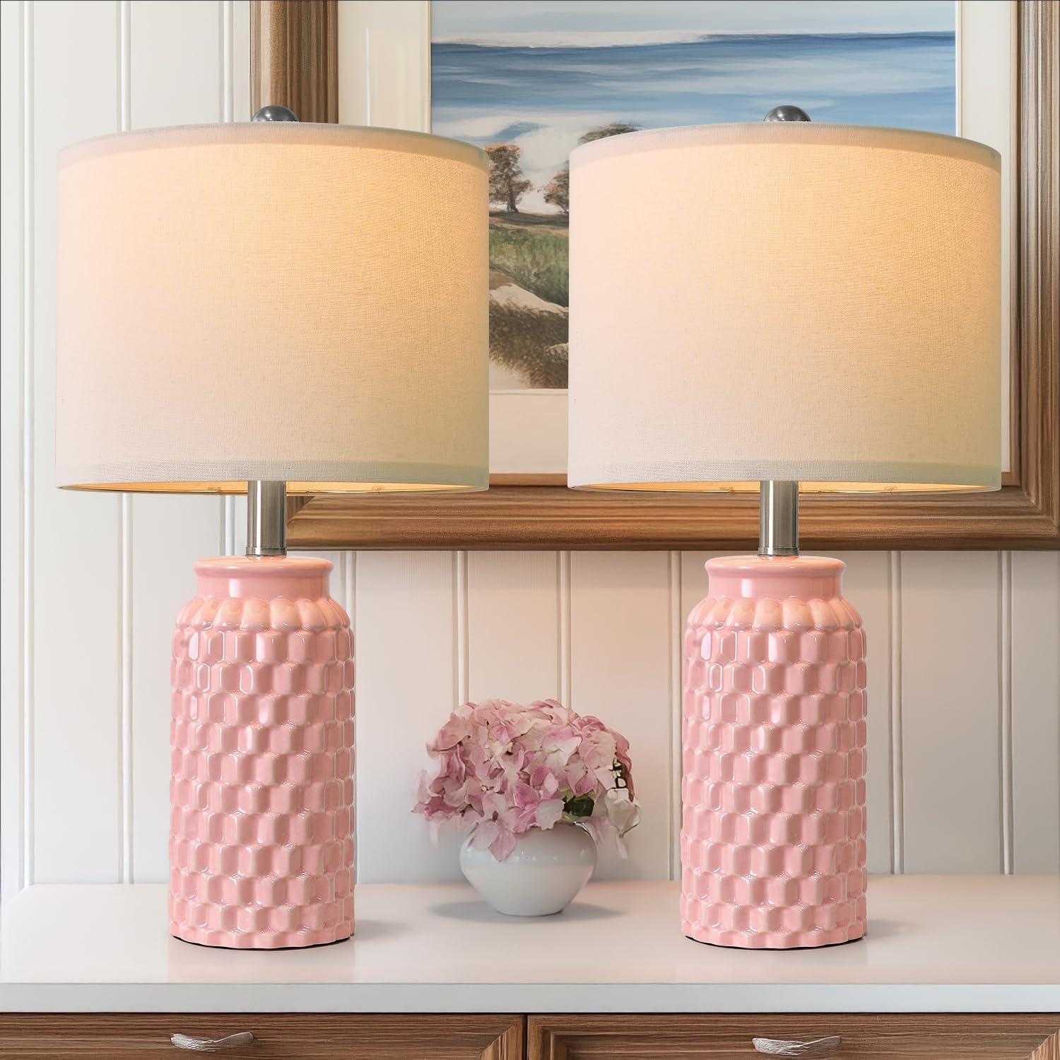 Thumbnail 6 de USumkky 1092 Pink Ceramic Table Lamps, Set of 2, 20.5-Inch with Linen Shades