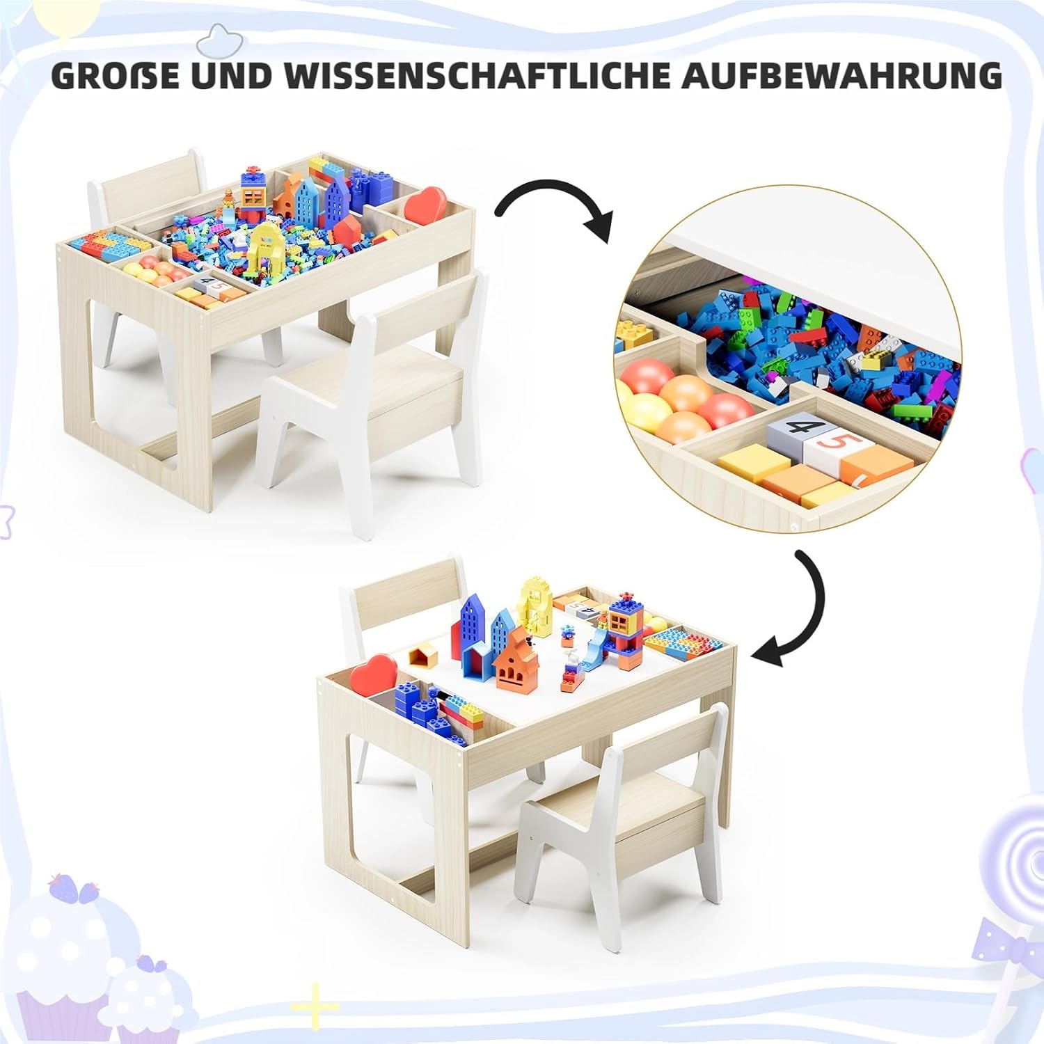 Detalle de Clevich Kindersitzgruppe mit Stauraum: Kindertisch mit 2 Stühlen und drehbarer Tischplatte (für ab 3 Jahren)