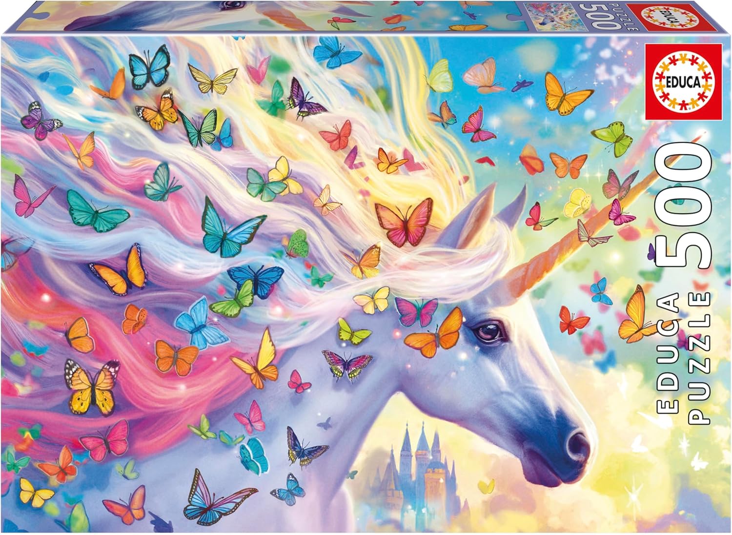 Educa puzzle da 500 pezzi per adulti “Unicorno arcobaleno” con colla Fix Puzzle (48 x 34 cm)