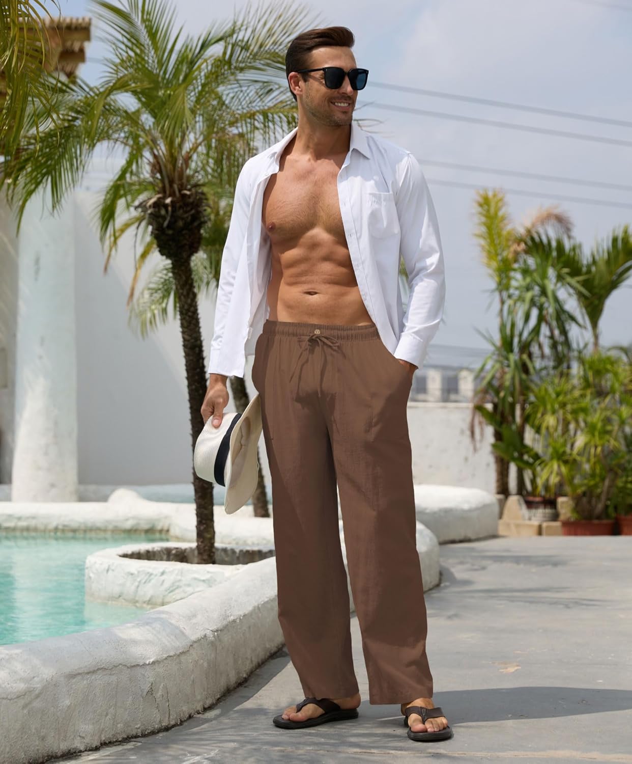 Thumbnail 4 de Cegerne Pantaloni in Lino Uomo Lunghi Leggeri con Vita Elastica e Coulisse