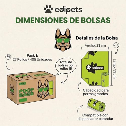 Detalle de Edipets: Bolsas Caca Perro Biodegradables Extra Gruesas, 405 o 540 unidades (27 o 36 rollos)