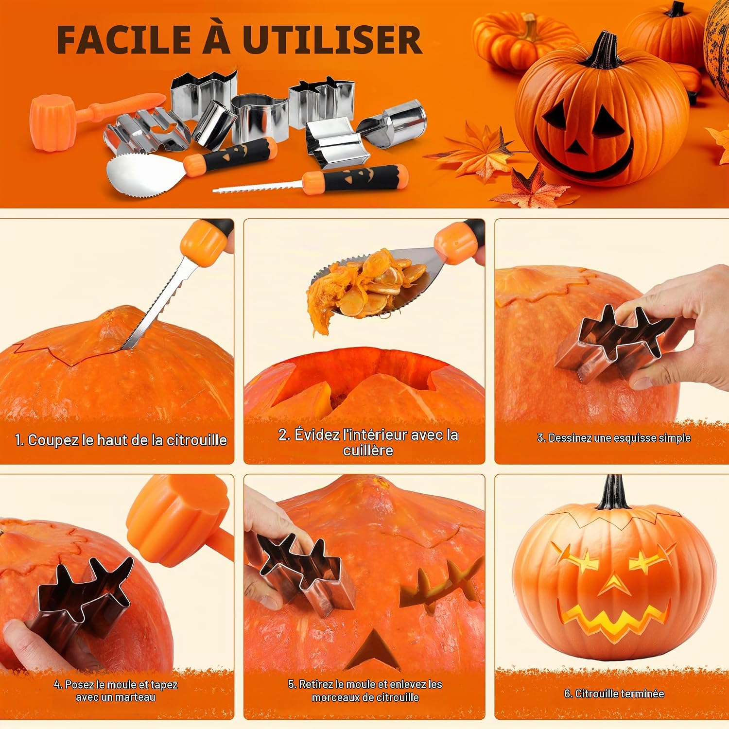 Detalle de HAUSHOF Halloween-pompoensnijset, 23-delig met roestvrijstalen stansvormen