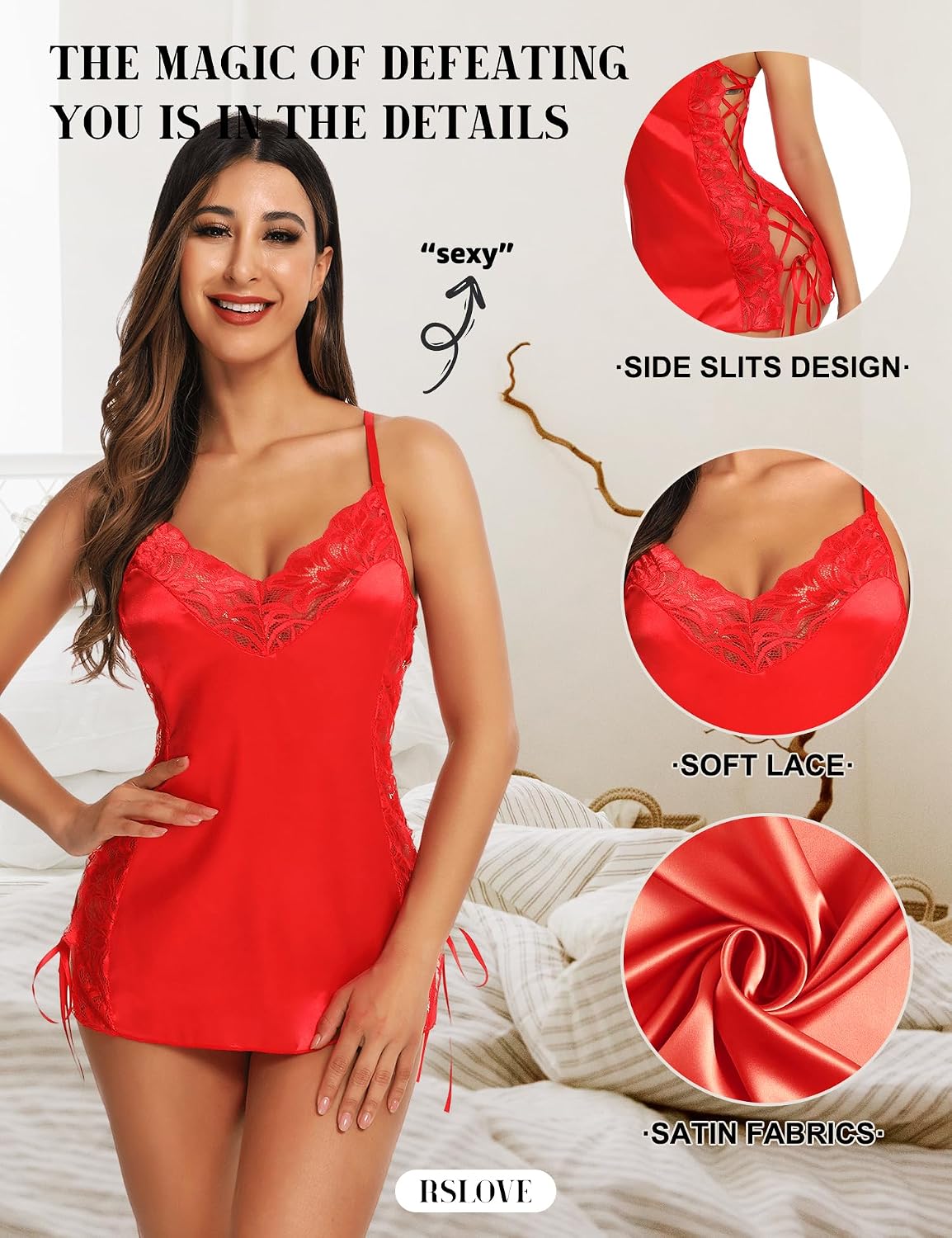 Detalle de RSLOVE babydoll-nattlinne för dam med spets