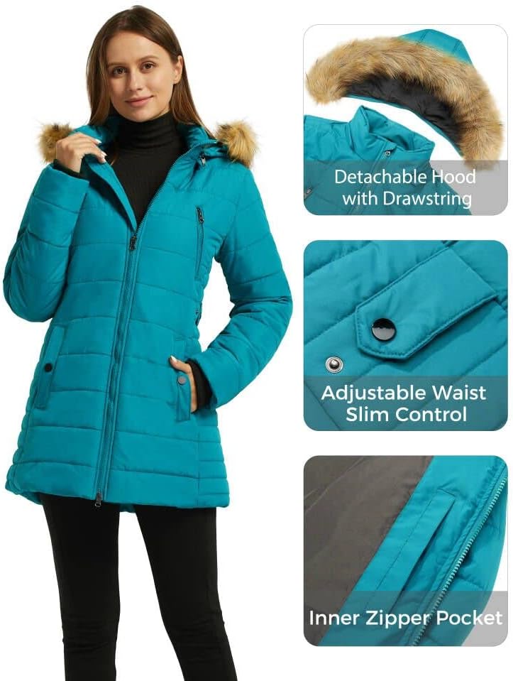 Detalle de Wantdo lange gewatteerde winterparka voor dames met afneembare capuchon