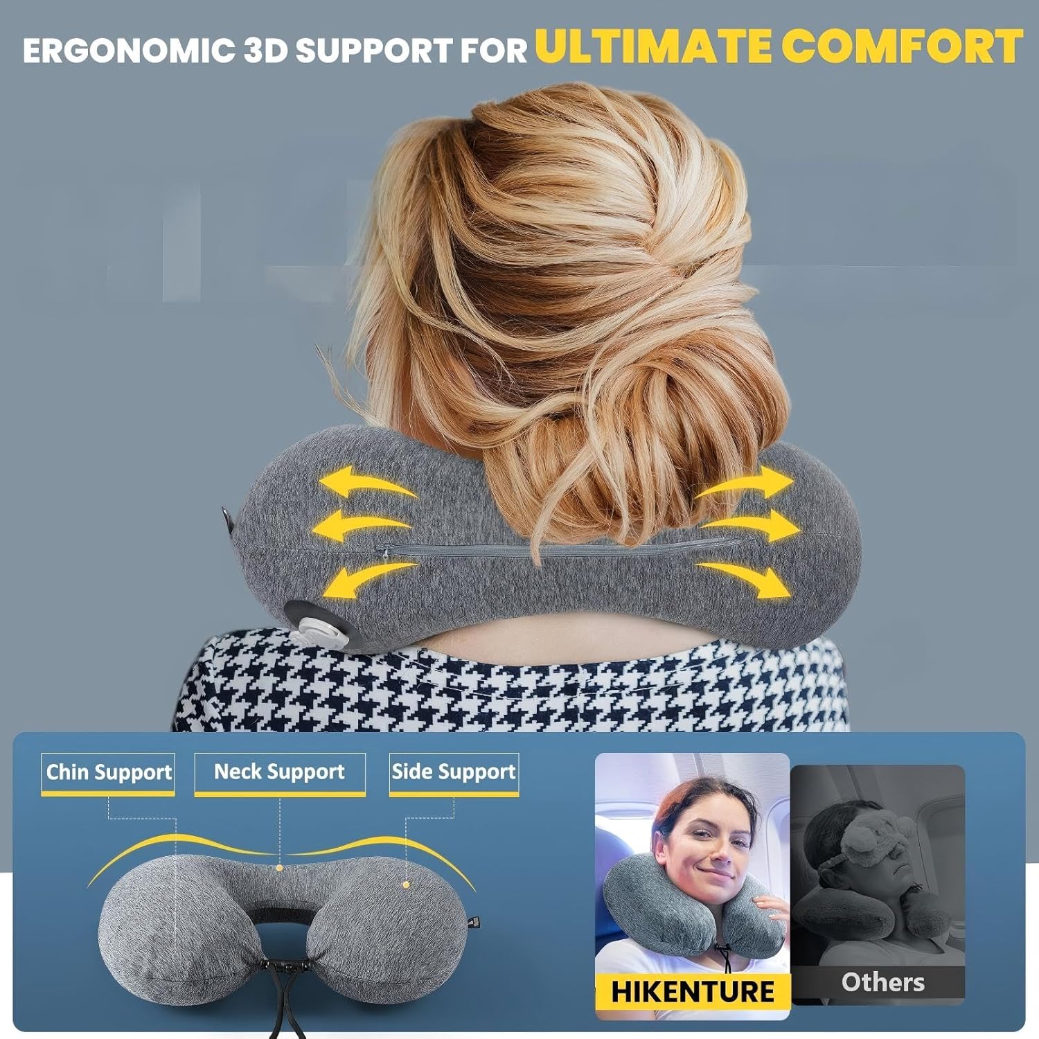Thumbnail 4 de HIKENTURE Neck Pillow for Travel – Inflatable, Removable Cover, Portable Ergonomic Flight Pillow (Grey)