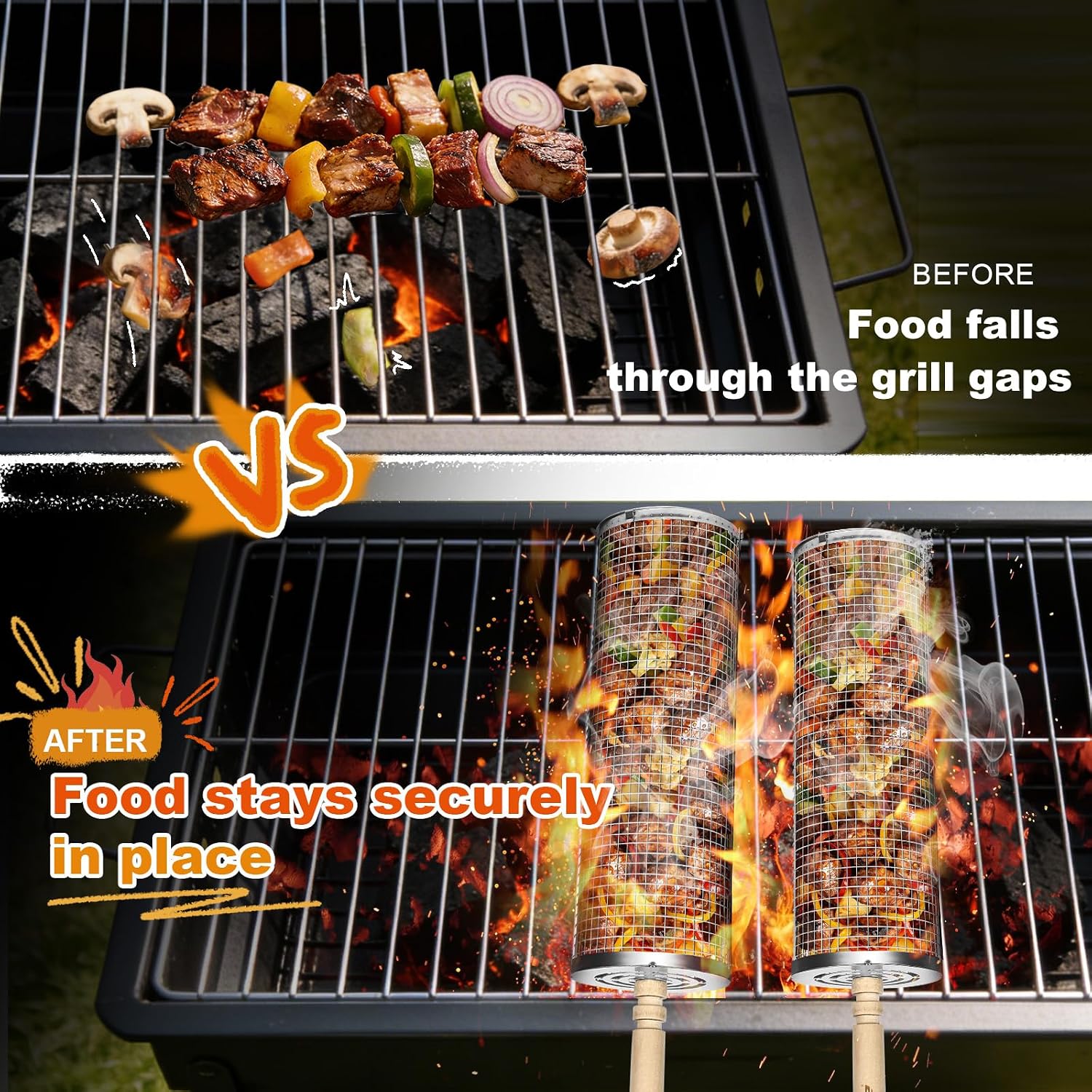Detalle de Ezilif 2PCS Rolling Grill Baskets – 304 Stainless Steel, with Detachable Wooden Handle and Nesting Net