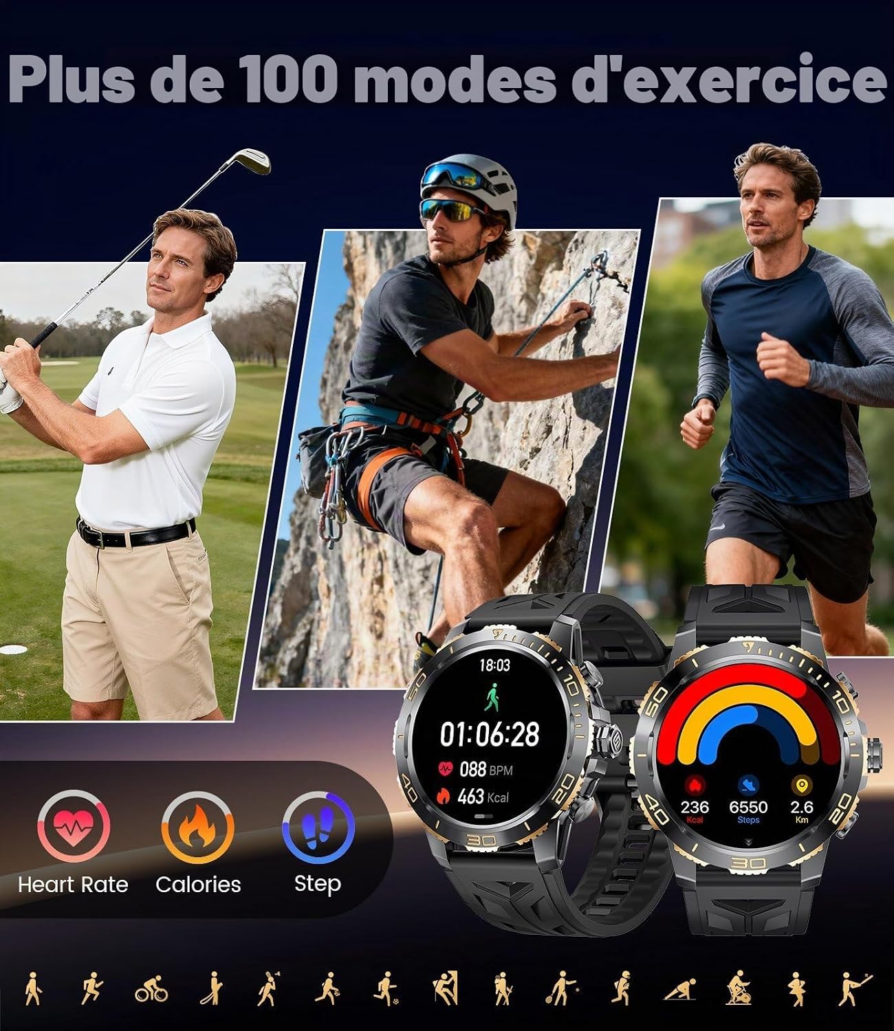 Detalle de LIGE Montre Connectée Homme EF21 – AMOLED 1,43'', Appels Bluetooth, IP68, 100+ Modes Sportifs
