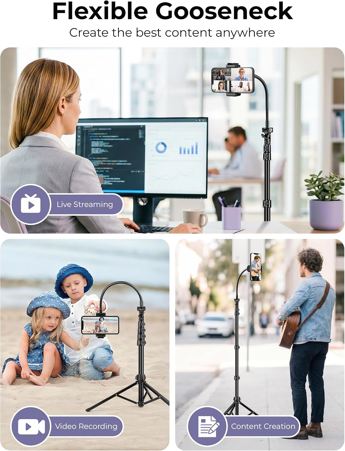 Detalle 2 de Victiv 81-Inch Phone Tripod Stand with Flexible Gooseneck and Remote