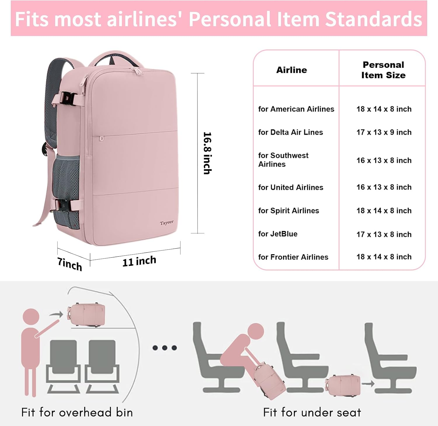 Detalle de Taygeer Travel Backpack for Women: TSA Carry-On, 15.6" Laptop, 16.8 x 11 x 7 in