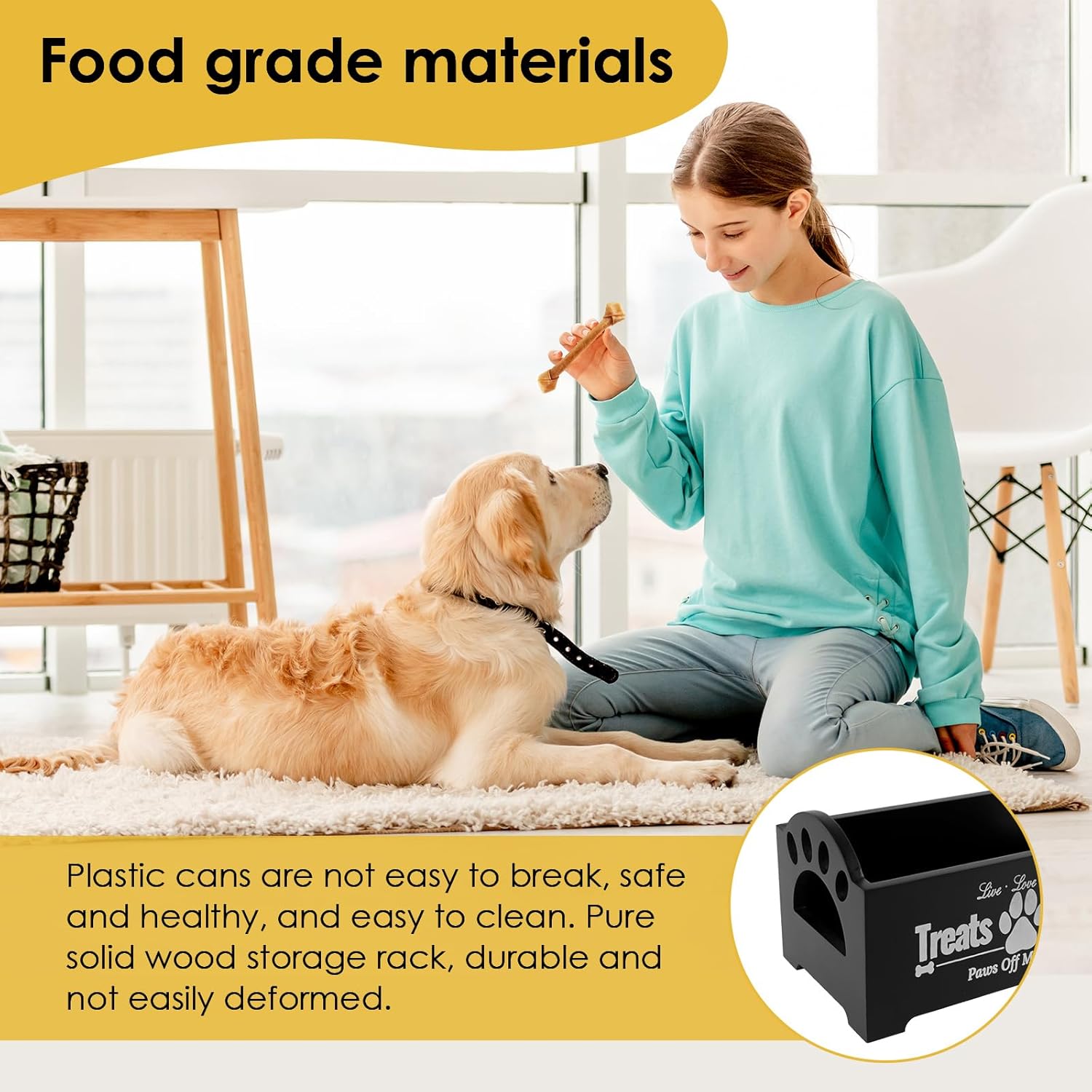 Detalle de NIHUIFDPY Dog Treat Container – Farmhouse Wood Pet Food Storage with 2 Plastic Jars (Black)