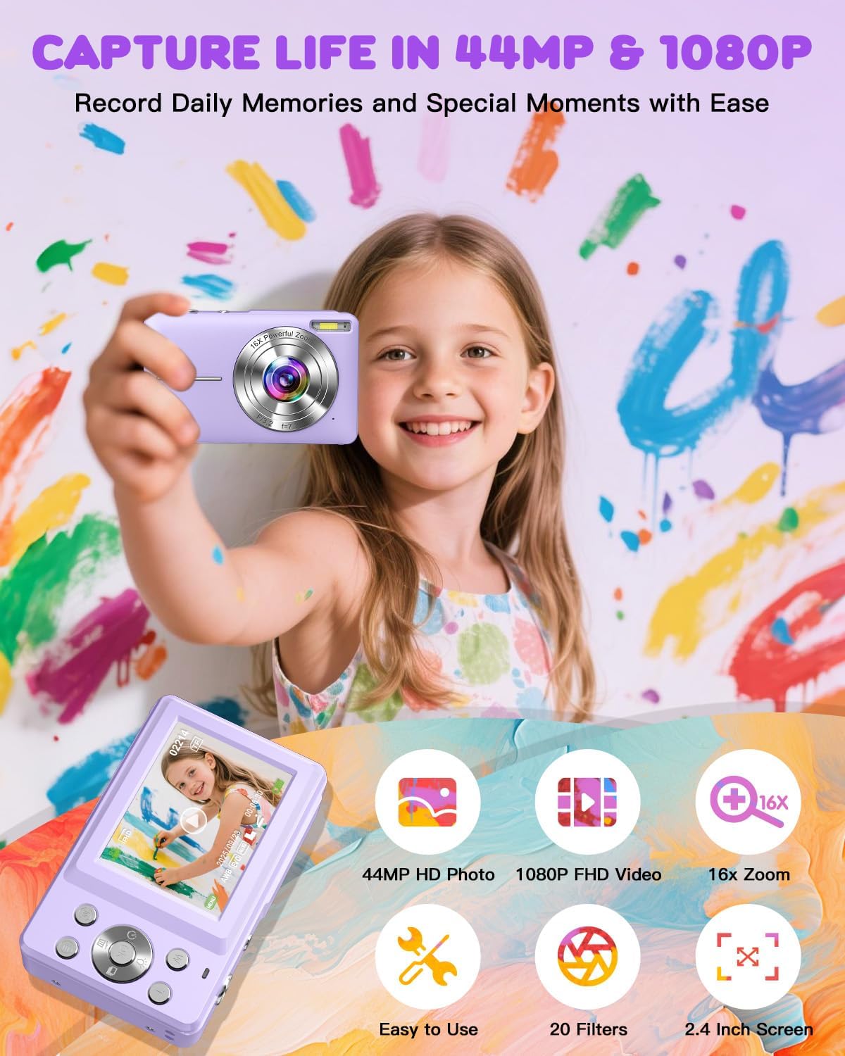 Detalle de Digitalkamera 1080P 44MP Fotoapparat von Zostuic – kompakte Vlogging-Kamera für Kinder, Teenager und Anfänger