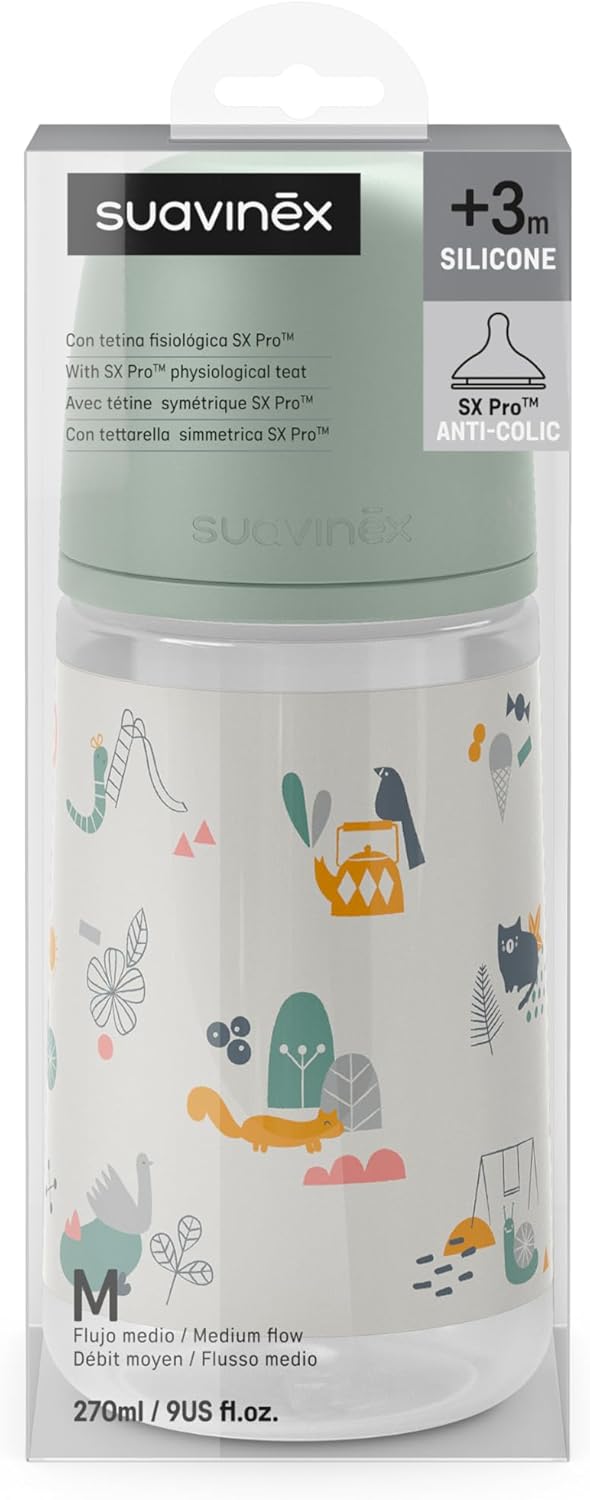 Detalle de Suavinex Biberon 270 ml con tettarella SX Pro e valvola anticolica – Walk in the Park Verde