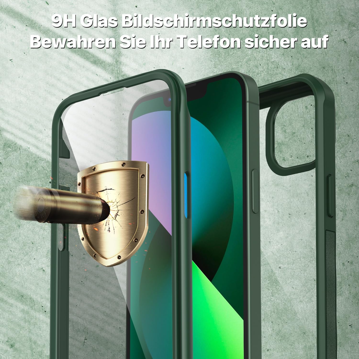 Detalle de CENHUFO Sichtschutz Hülle für iPhone 14/13 – 360° Schutz mit Privacy-Displayglas und Kameraschutz in Grün