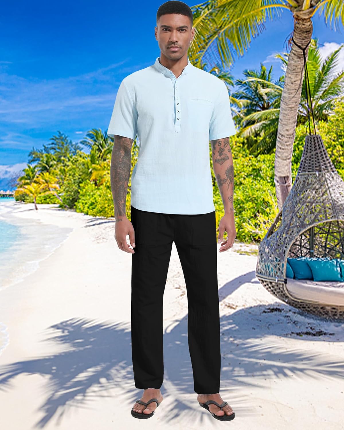 Detalle de LVCBL Leinenhose Herren – lockere Leinen-Hose mit elastischem Bund und Taschen