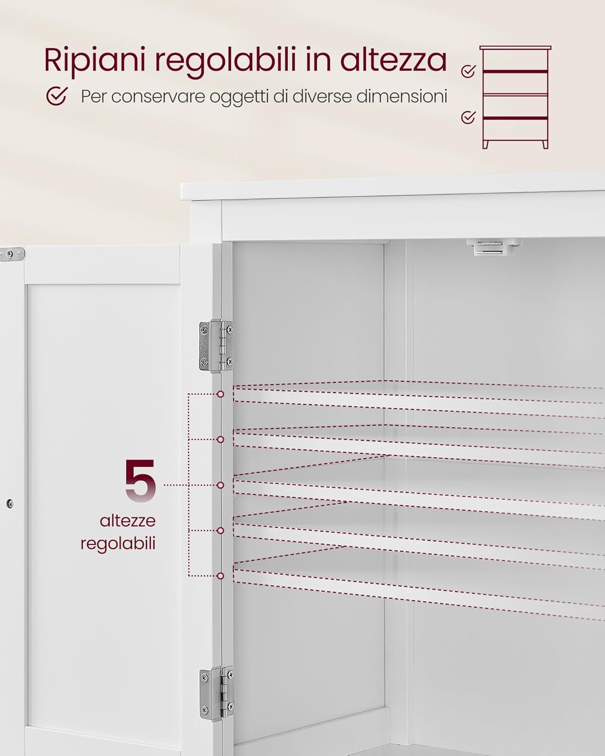 Thumbnail 5 de VASAGLE Mobile da Bagno BBC552P31: Mobiletto bianco con 2 vani e ripiani regolabili