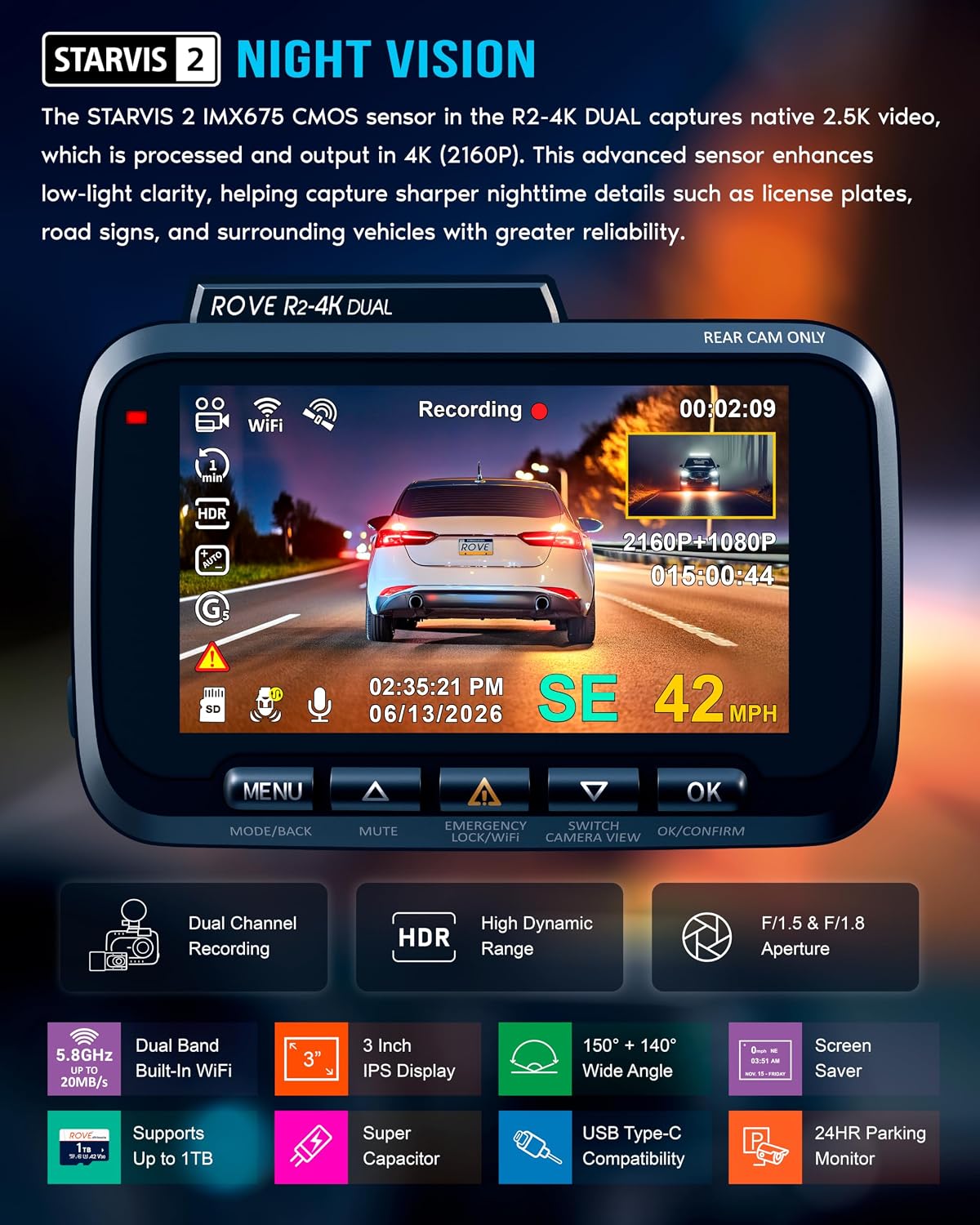Detalle 2 de ROVE R2-4K Dual Dash Cam 128GB