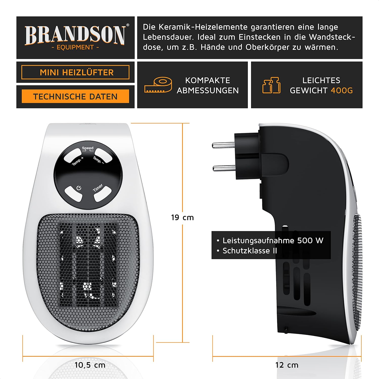 Detalle 2 de Brandson Heizlüfter energiesparend leise 500W