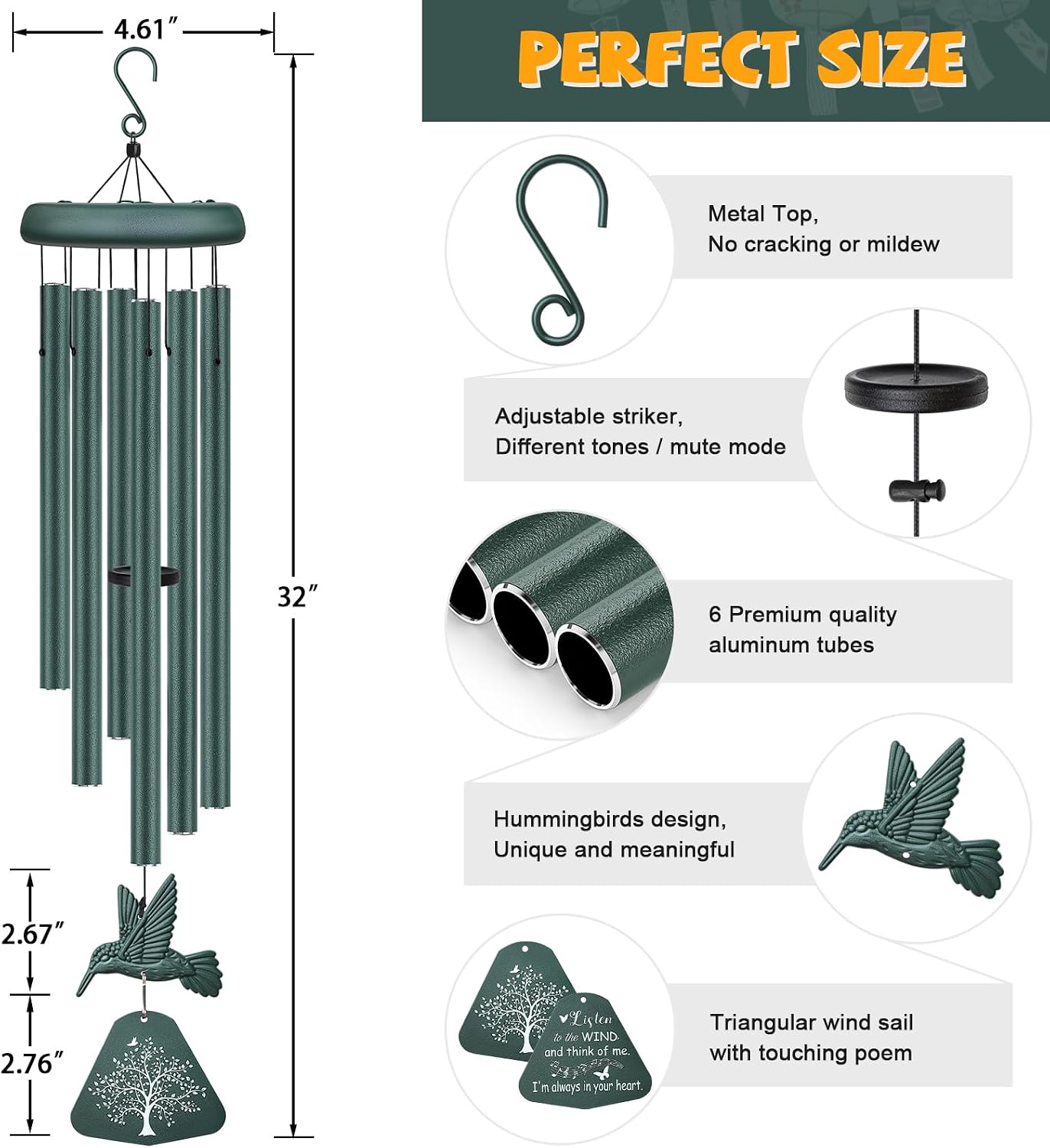 Detalle 1 de Synhonty 1 Memorial Wind Chimes with Deep Tones and Hummingbird Design