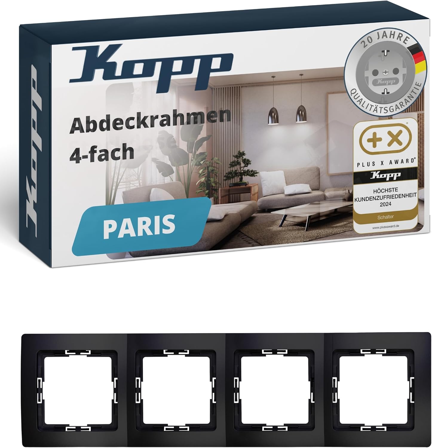 Kopp PARIS 4-fach Abdeckrahmen in Matt-Schwarz (8,3 x 29,6 cm) für Steckdosen & Schalter