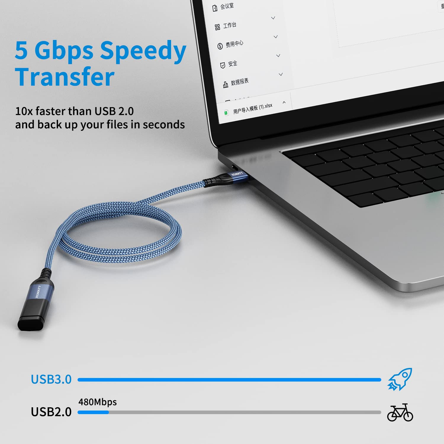 Detalle de XGMATT Long USB 3.0 Extension Cable 4M (A Male to A Female) – Gold‑plated, 5Gbps, USB Extension Lead