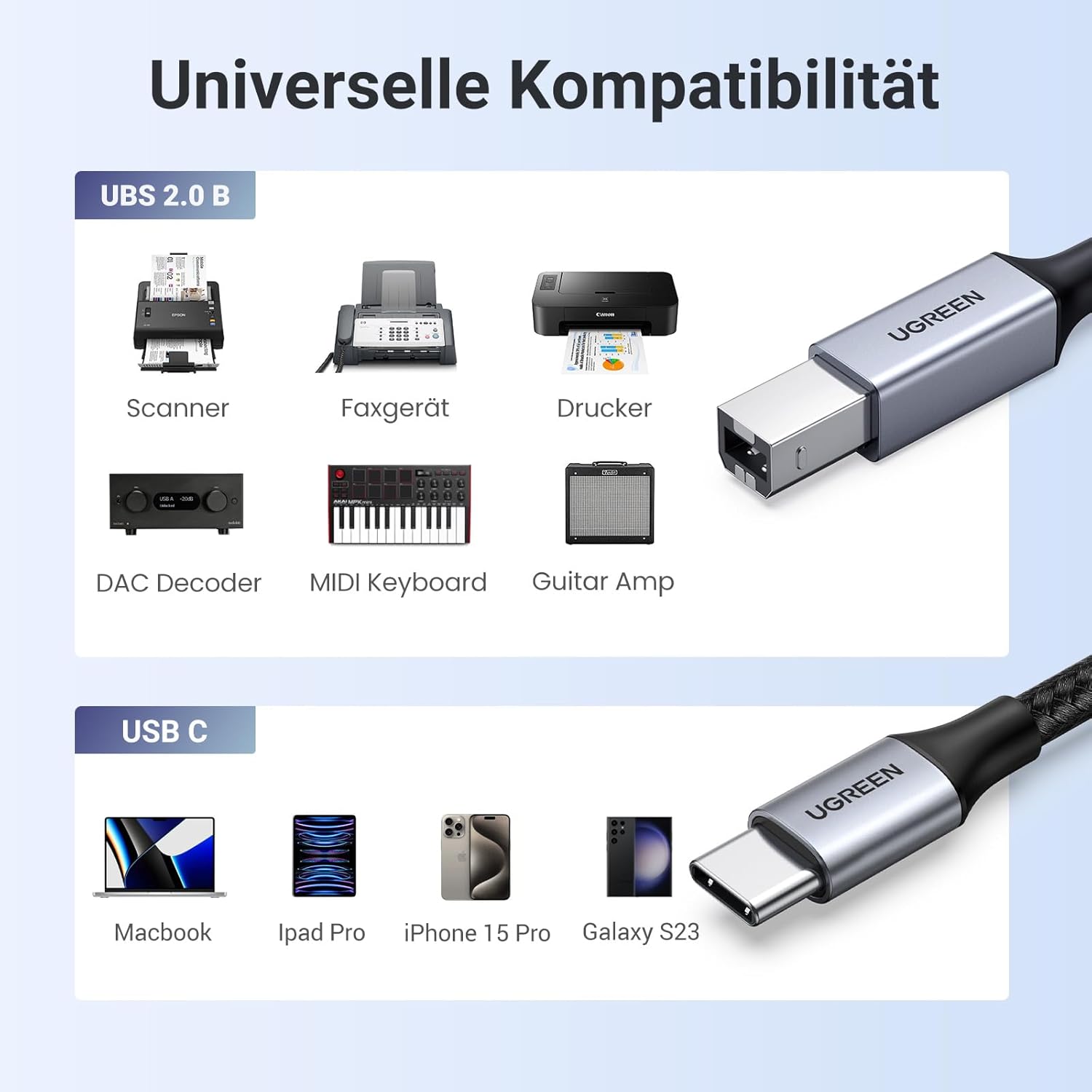 Thumbnail 1 de UGREEN USB-C Druckerkabel (USB-B auf USB-C) für Drucker, Scanner & MIDI-Tastatur – 2 m, silber