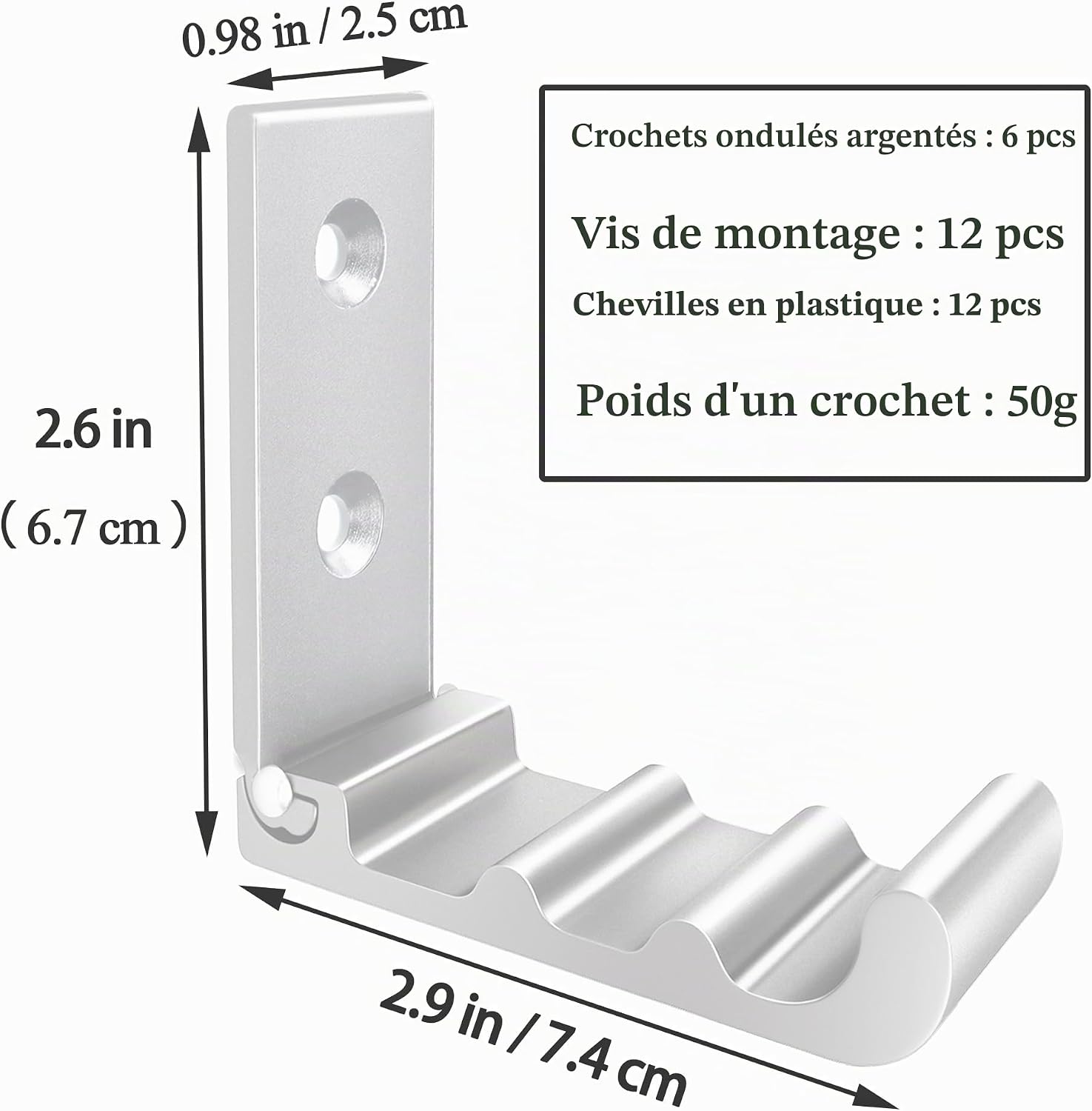Detalle 2 de OHIYO Lot de 6 crochets muraux pliables en aluminium argent