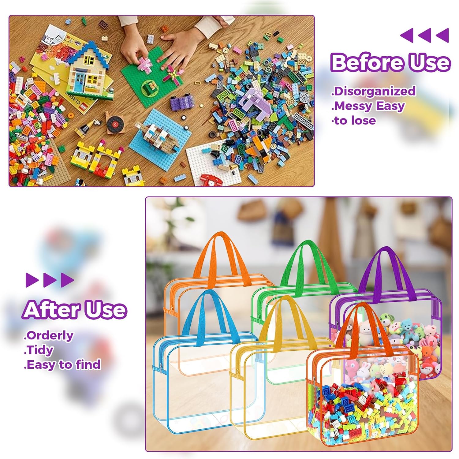 Thumbnail 3 de 6 Colors Clear Toy Storage Bags with Handles – 11.8 x 8.6 x 3.9in, PVC Waterproof Reusable Organizer Pouches