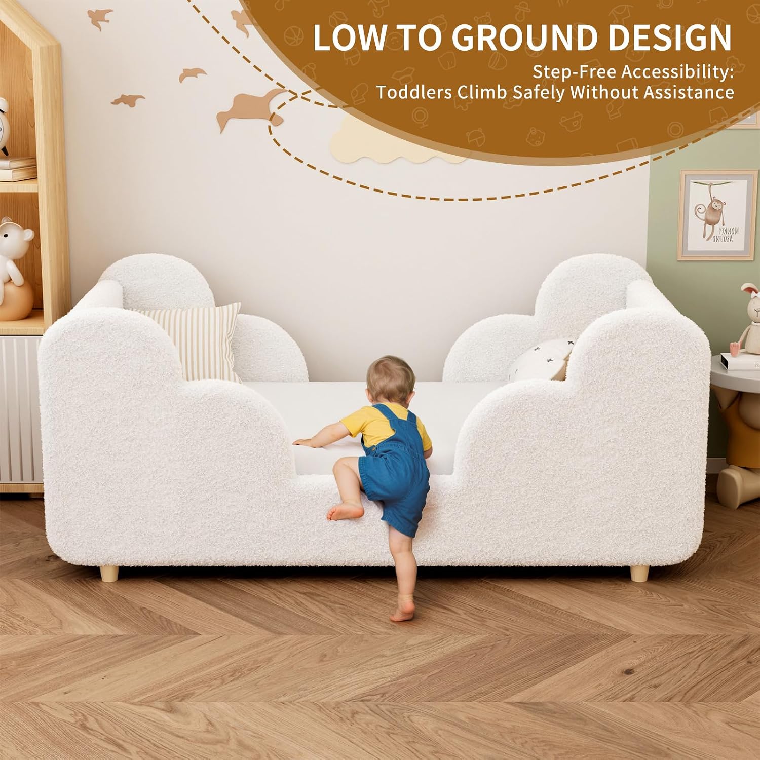 Detalle 2 de NAIZEA Toddler Floor Bed, Crib-Size Frame with Soft Cloud-Shaped Rails