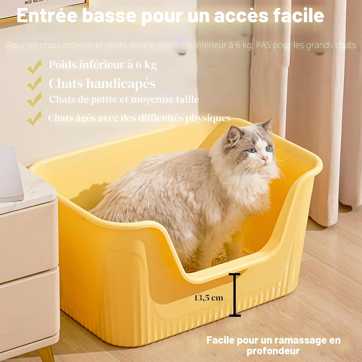 Thumbnail 2 de Vealind Bac à litière pour Chat avec côtés hauts et entrée basse – 45×36×22,5 cm, Jaune
