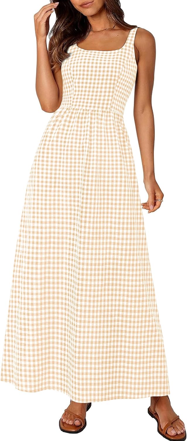 Detalle de PRETTYGARDEN Women's 2026 Summer Spaghetti Strap Maxi Dress in Plaid