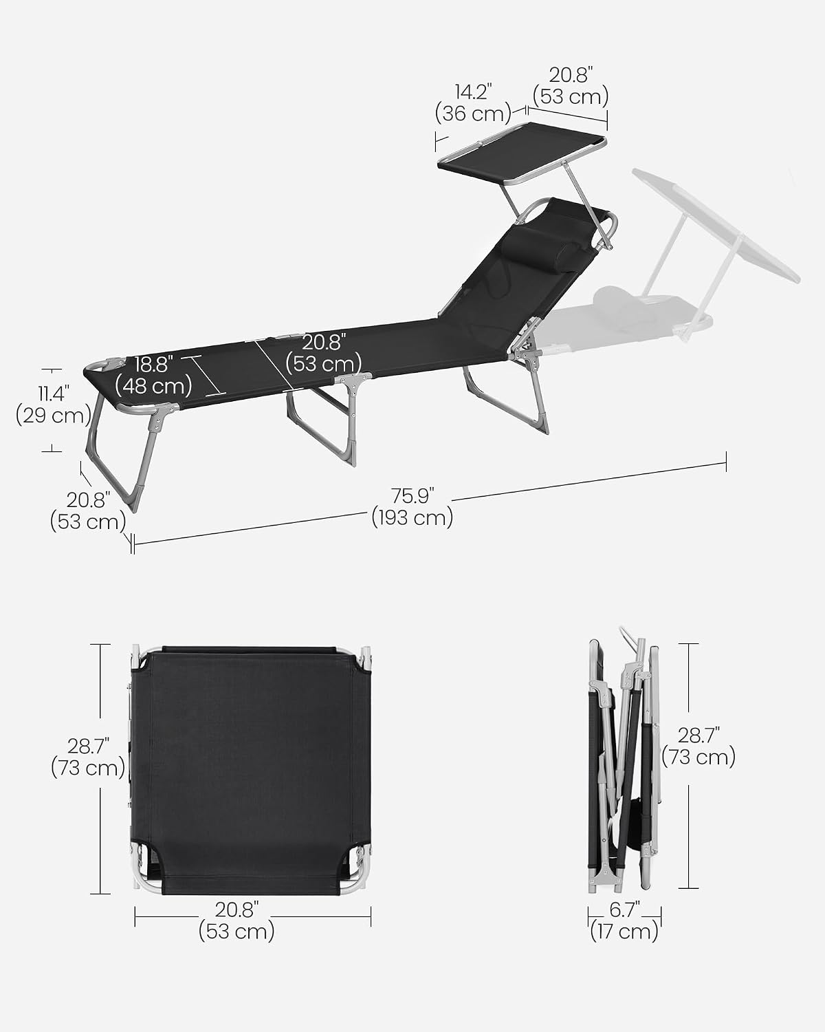 Detalle de SONGMICS UGCB192B01 Folding Sun Lounger with Adjustable Backrest and Sunshade