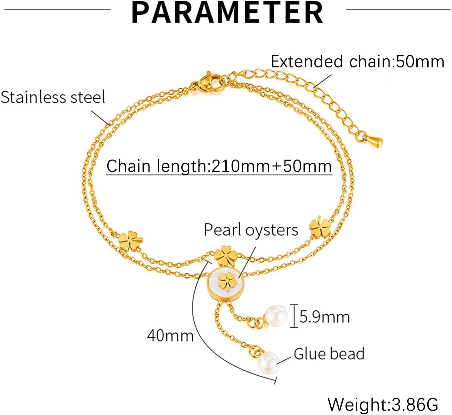 Detalle 2 de Josfeva Gold Anklets for Women – Adjustable Double Chain Clover Butterfly & Pearl/Heart Pendant Anklet