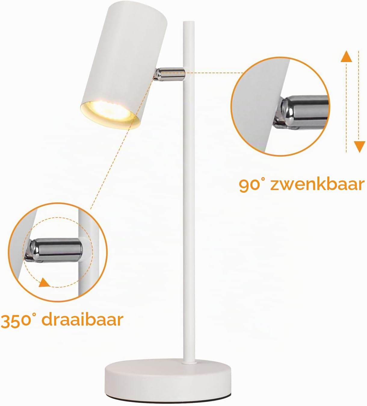 Detalle de CBJKTX witte GU10-tafellamp, 350° draaibaar en 90° kantelbaar