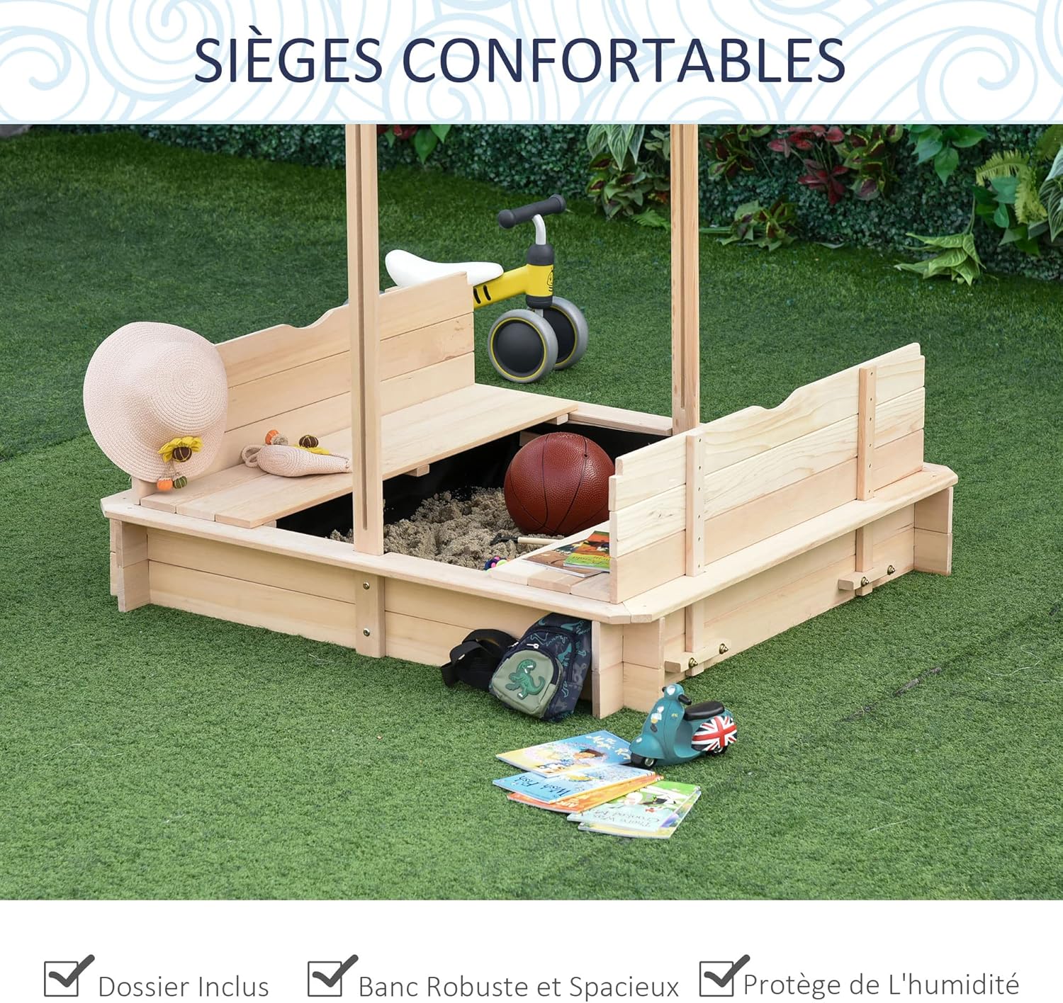 Detalle de Outsunny bac à sable carré en bois pour enfants avec bancs et couvercle, auvent réglable